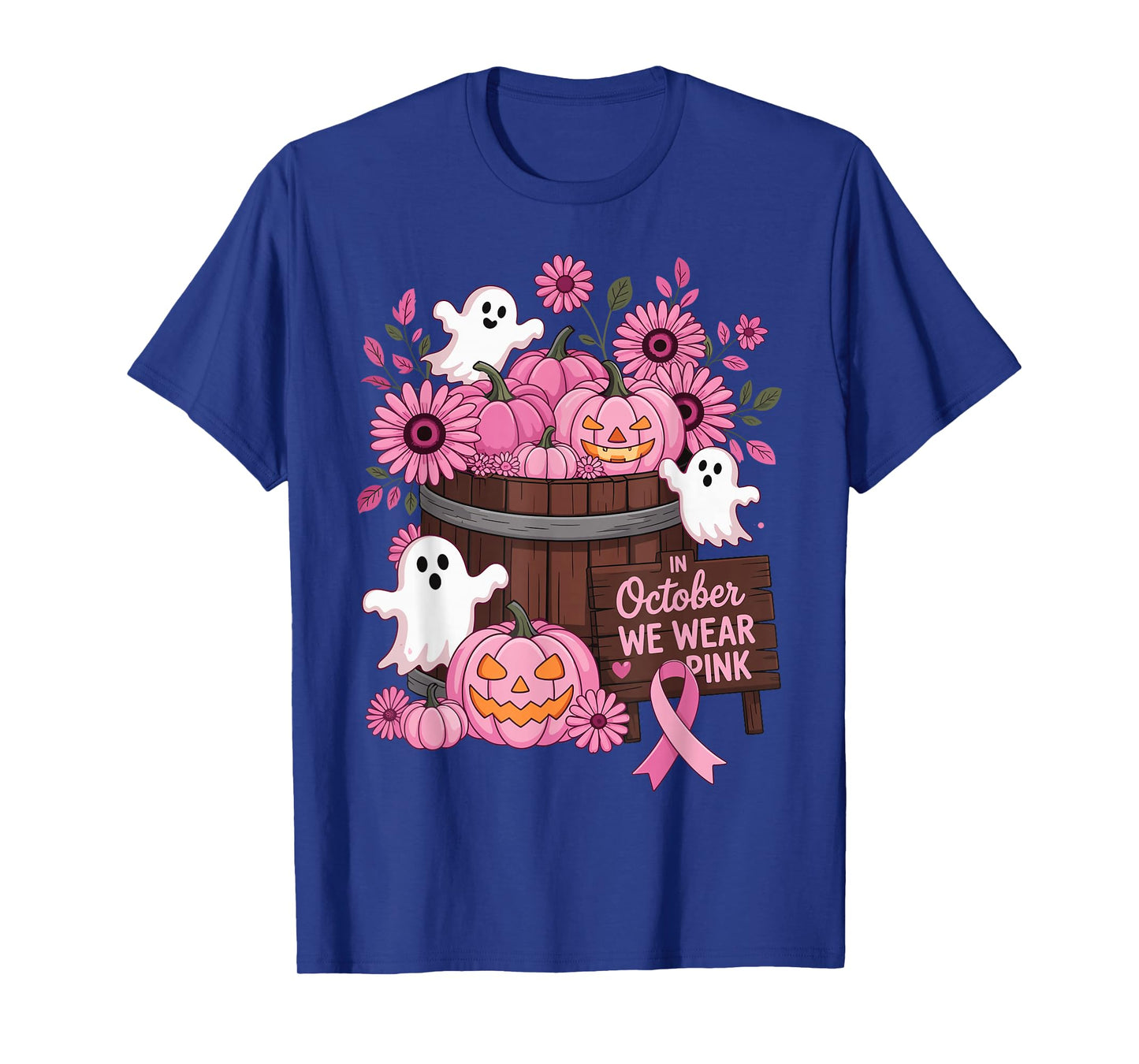 in October We Wear Pink Pumpkin Ghost Breast Cancer Survivor T-Shirt