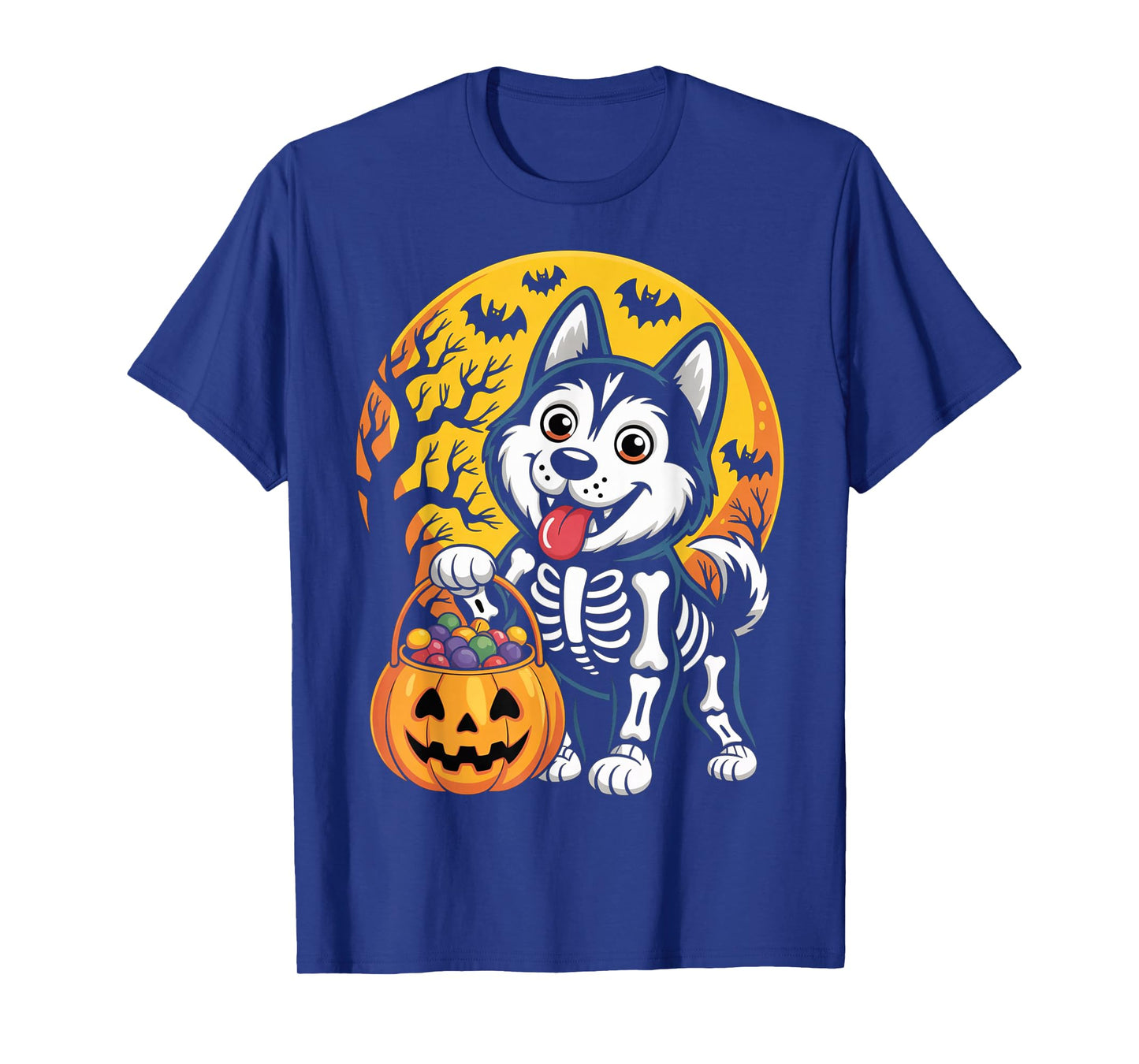 Siberian Husky Dog Skeleton Scary Pumpkin Moon Halloween T-Shirt