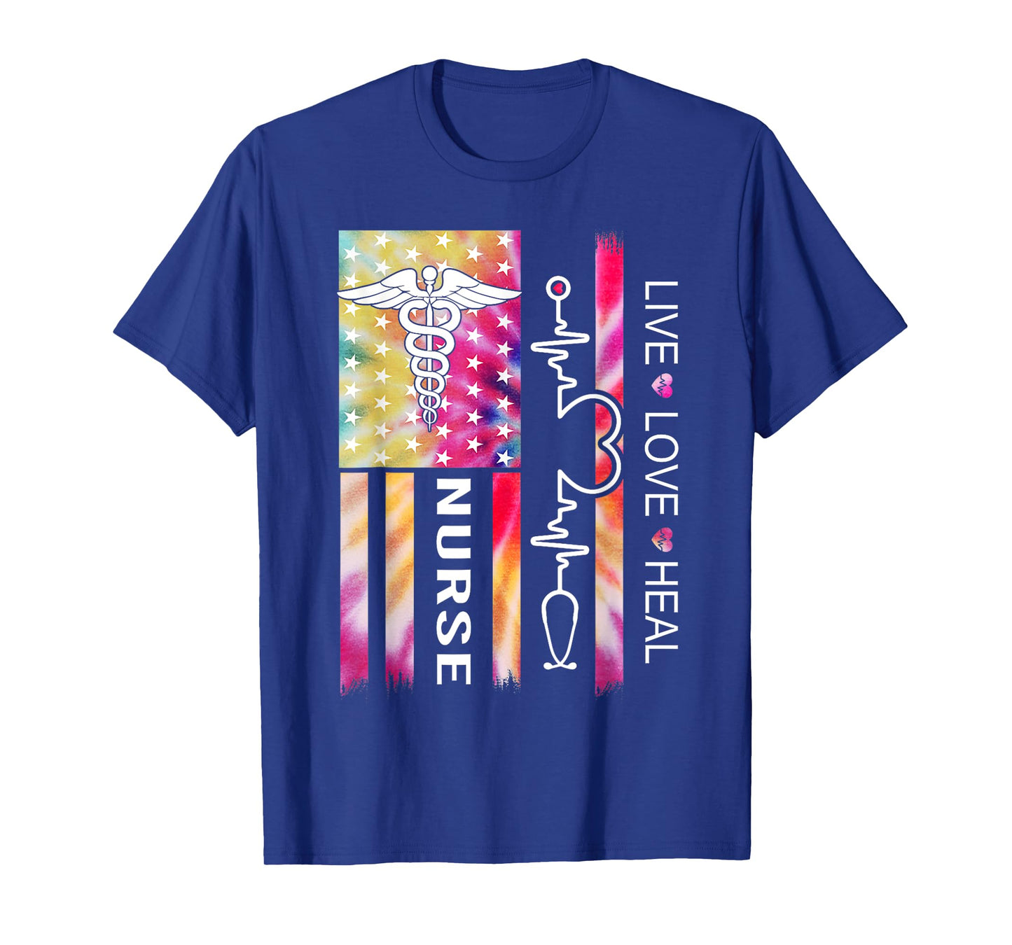 Tie Dye Nurse USA Flag Stethoscope Heartbeat American Nurse T-Shirt