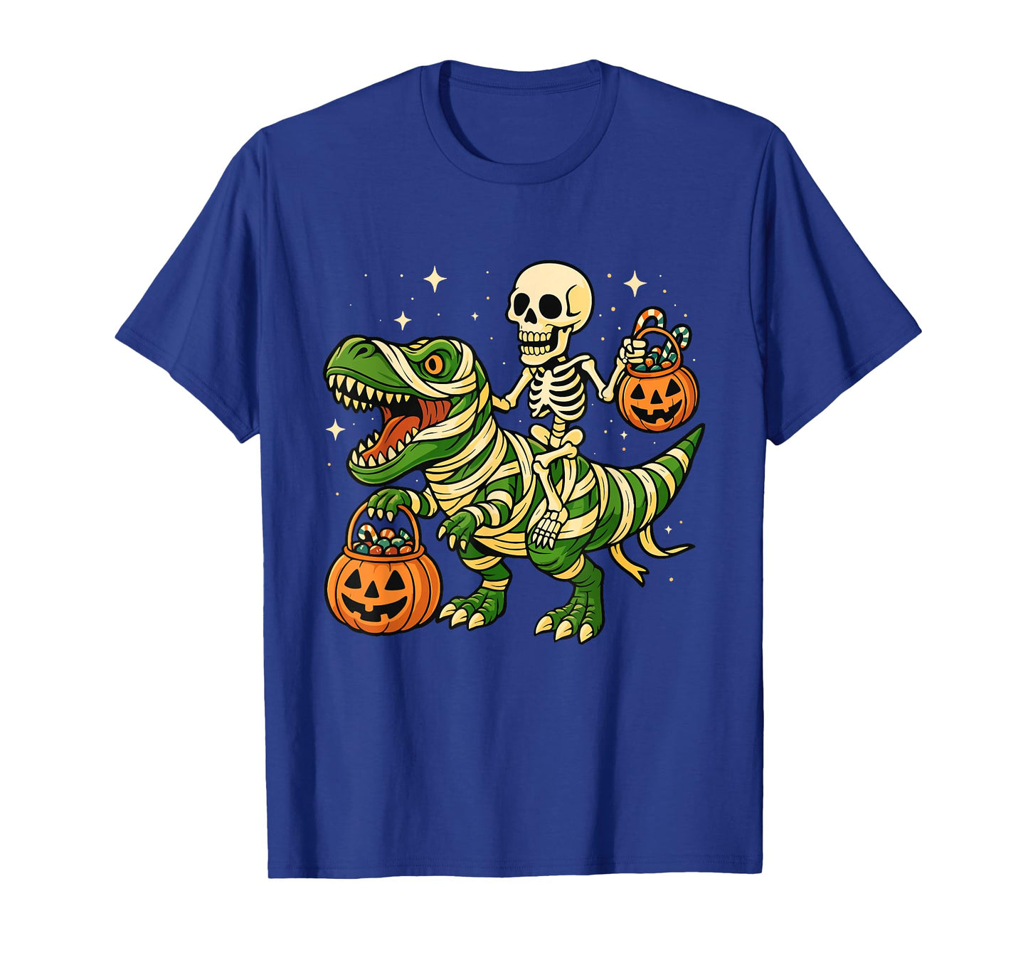 Skeleton Riding T-Rex - Spooky Halloween Jack O'Lantern T-Shirt