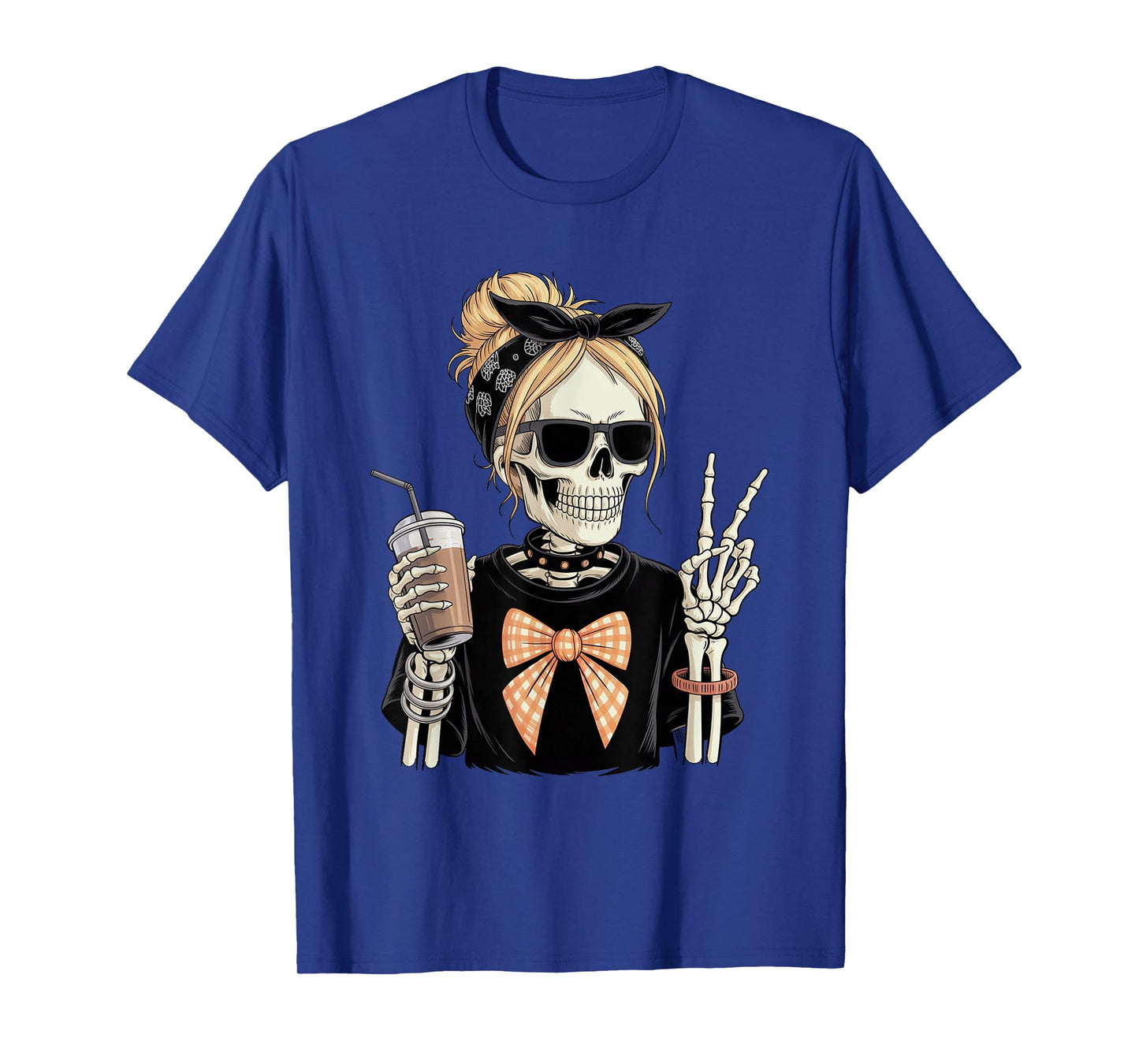 Skeleton Girl Drinking Coffee Peace Sign Graphic for Women T-Shirt
