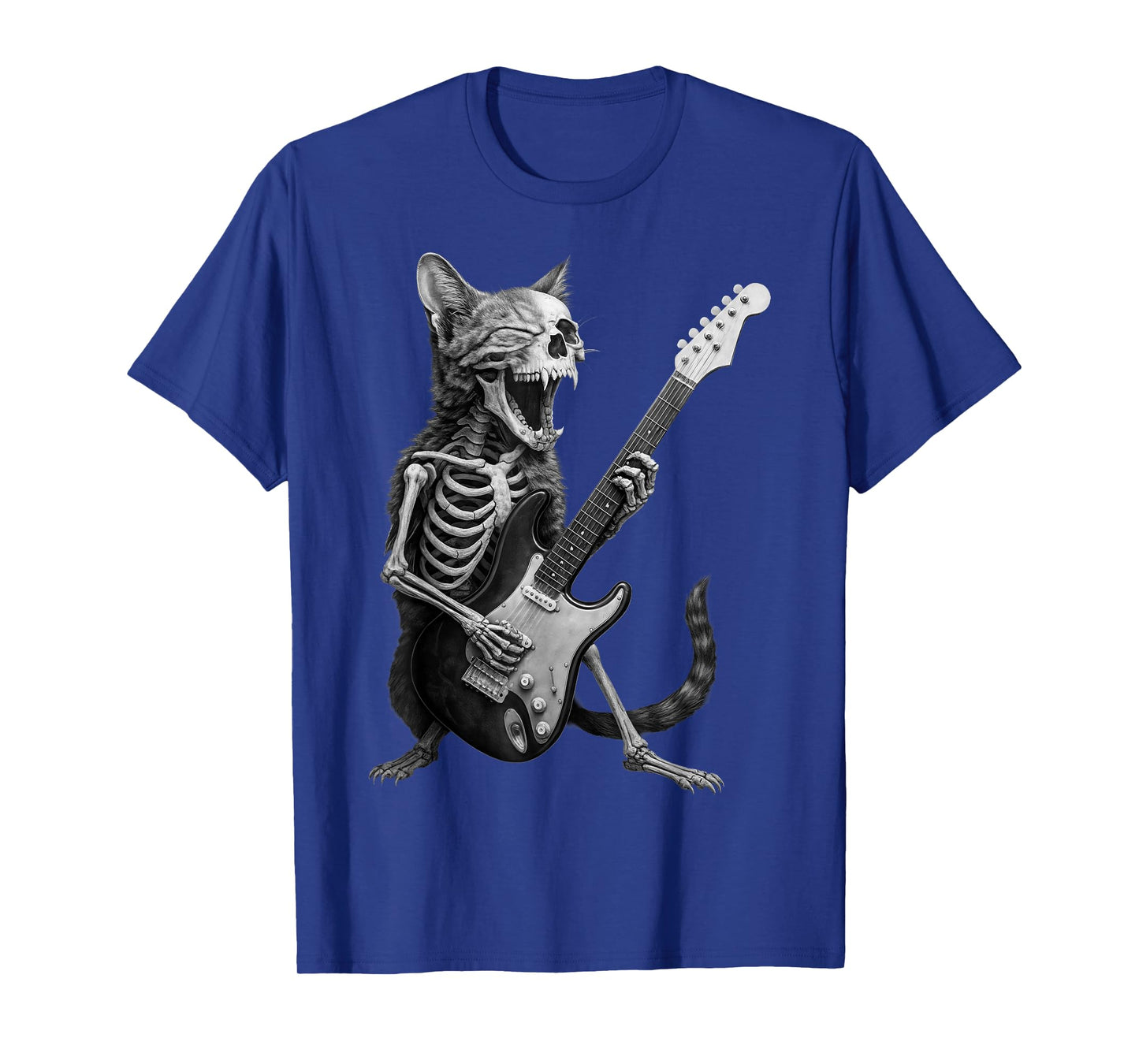 Funny Skeleton Cat Playing Guitar Rock and Roll Music Band T-Shirt