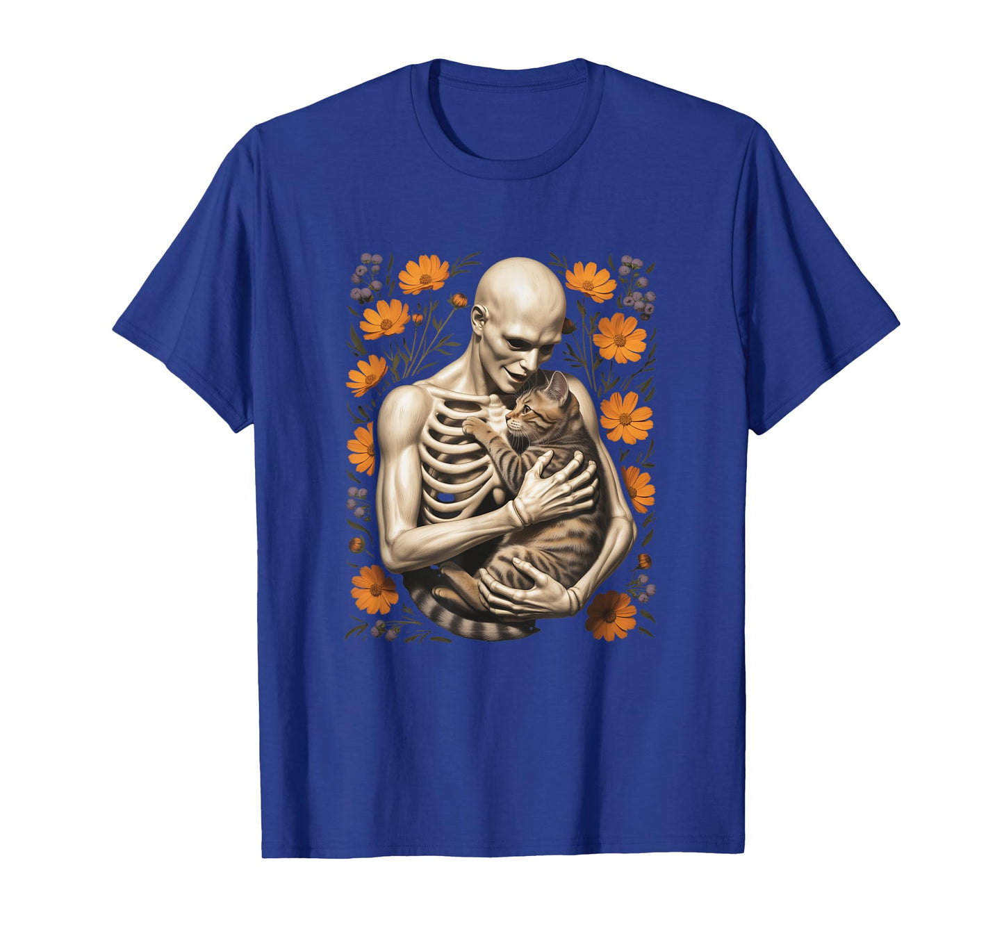 Funny Skeleton Hugging Cat Floral Halloween Cats Lover T-Shirt