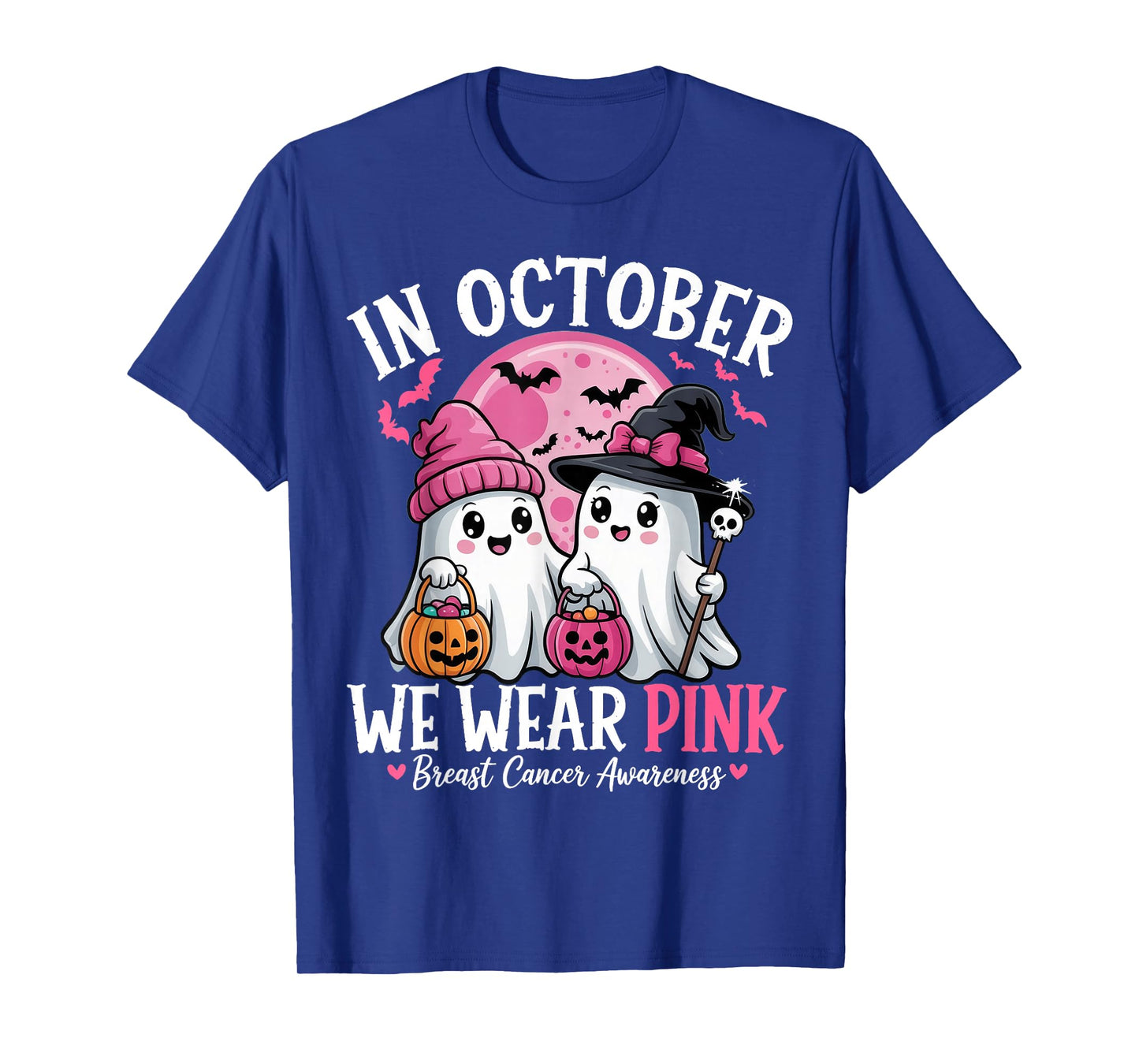 in October We Wear Pink Ghost Witch Breast Cancer Awareness T-Shirt