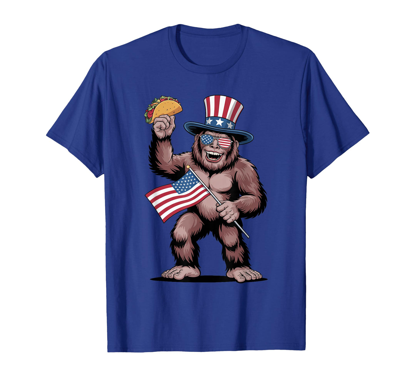 Patriotic Bigfoot Holding Taco with USA Flag Funny July 4th T-Shirt