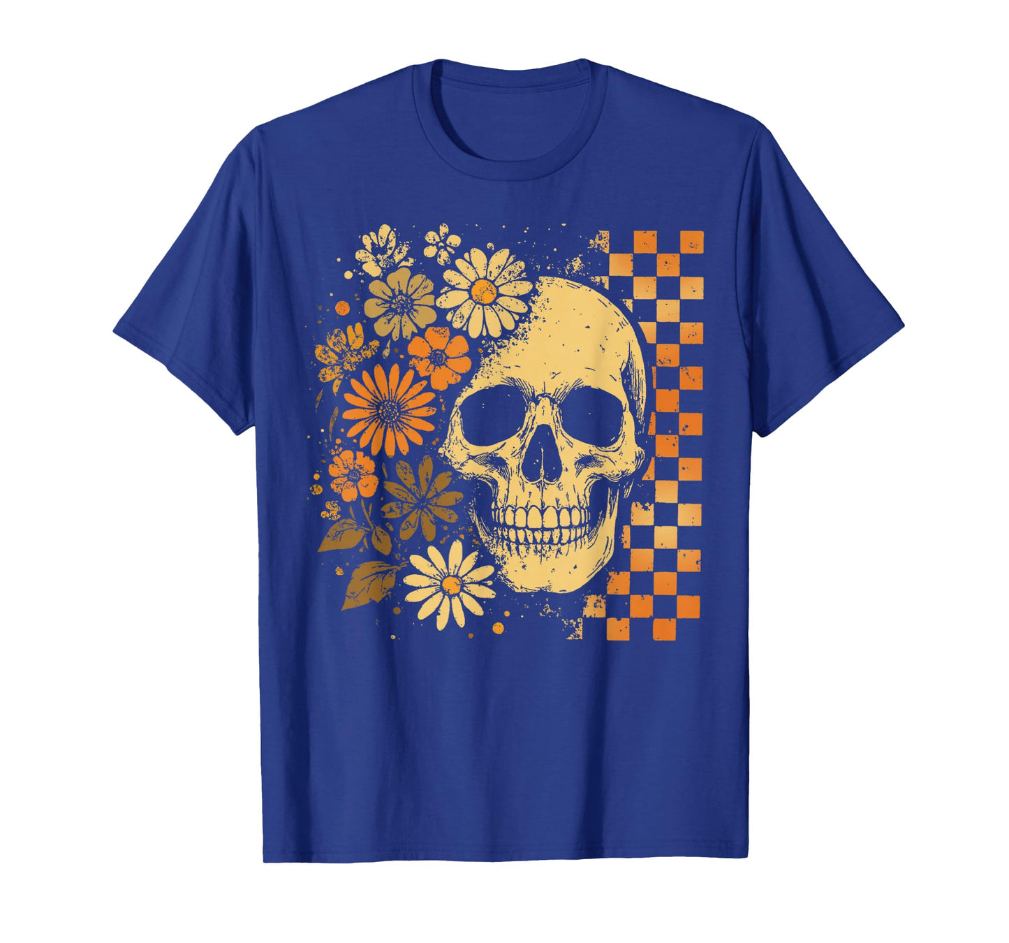 Retro Floral Skeleton, Checkered Skeleton, Halloween Skull T-Shirt