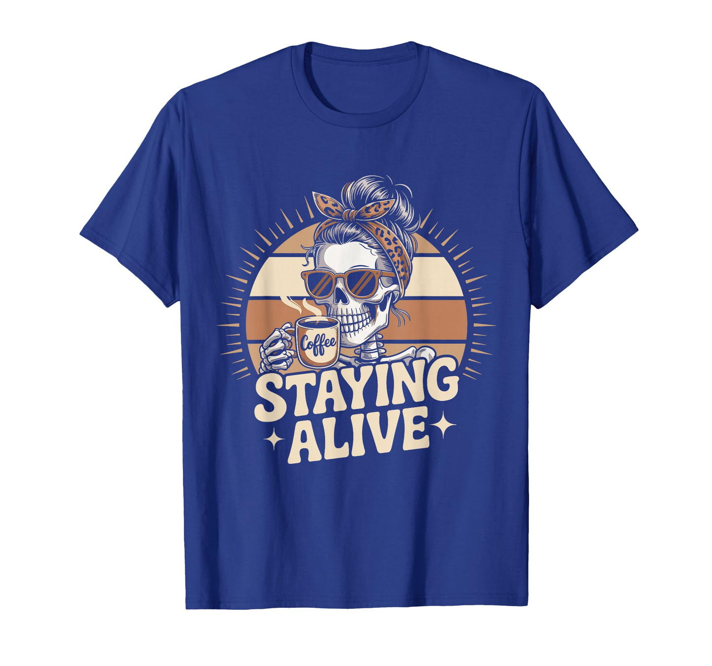 Staying Alive Retro Skeleton Coffee Sunset Halloween T-Shirt