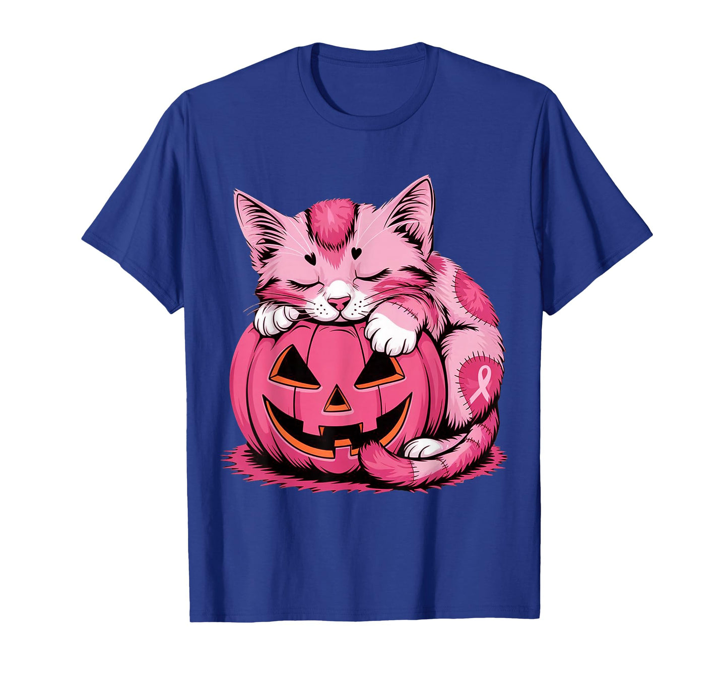 Cute Pink Cat Hugging Pumpkin Breast Cancer Awareness Kitten T-Shirt