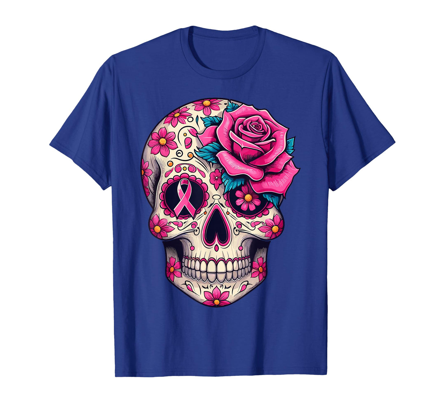 Sugar Skull Pink Ribbon Calavera Breast Cancer Awareness T-Shirt