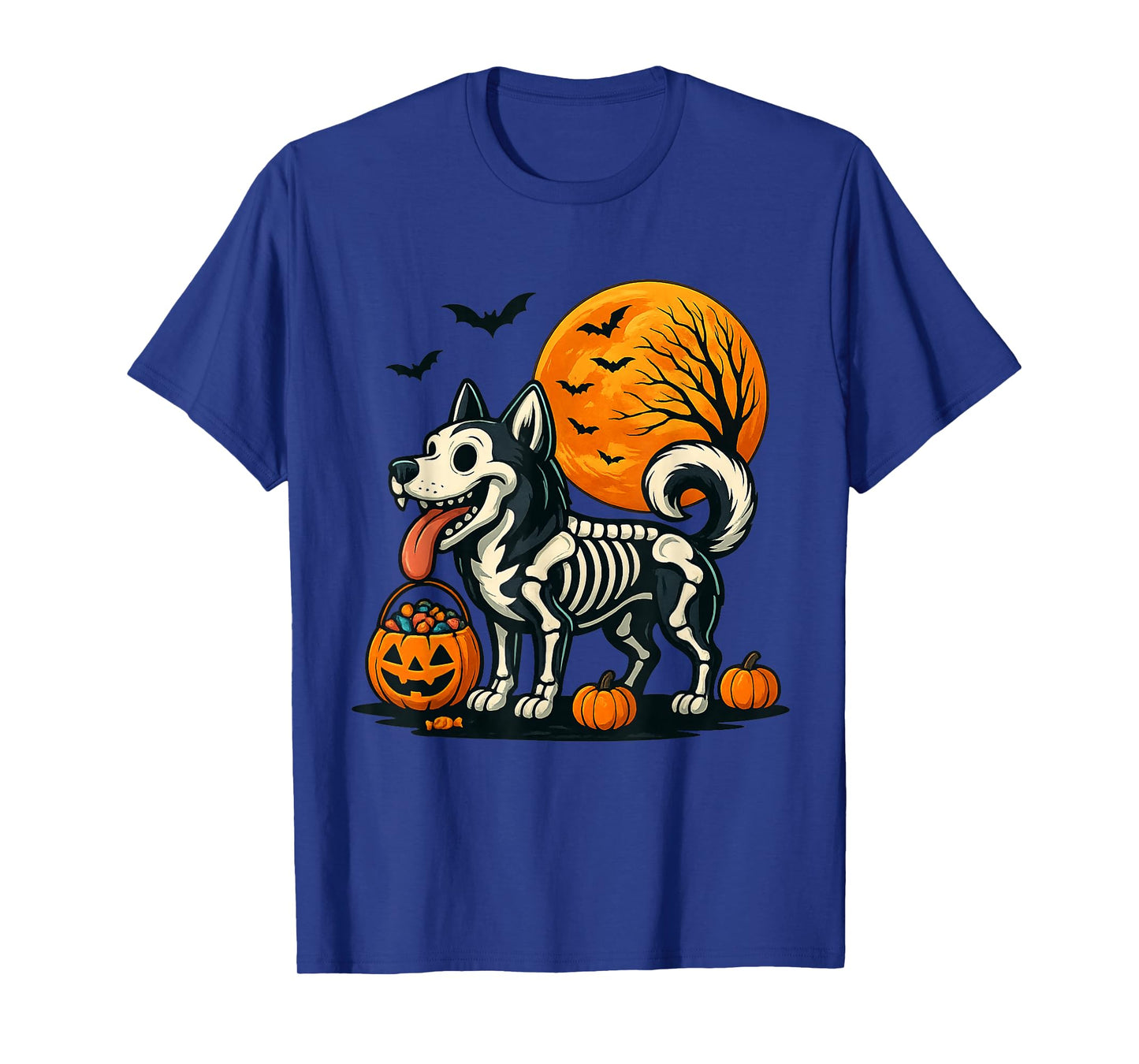 Siberian Husky Dog Skeleton Scary Halloween Pumpkin Moon T-Shirt