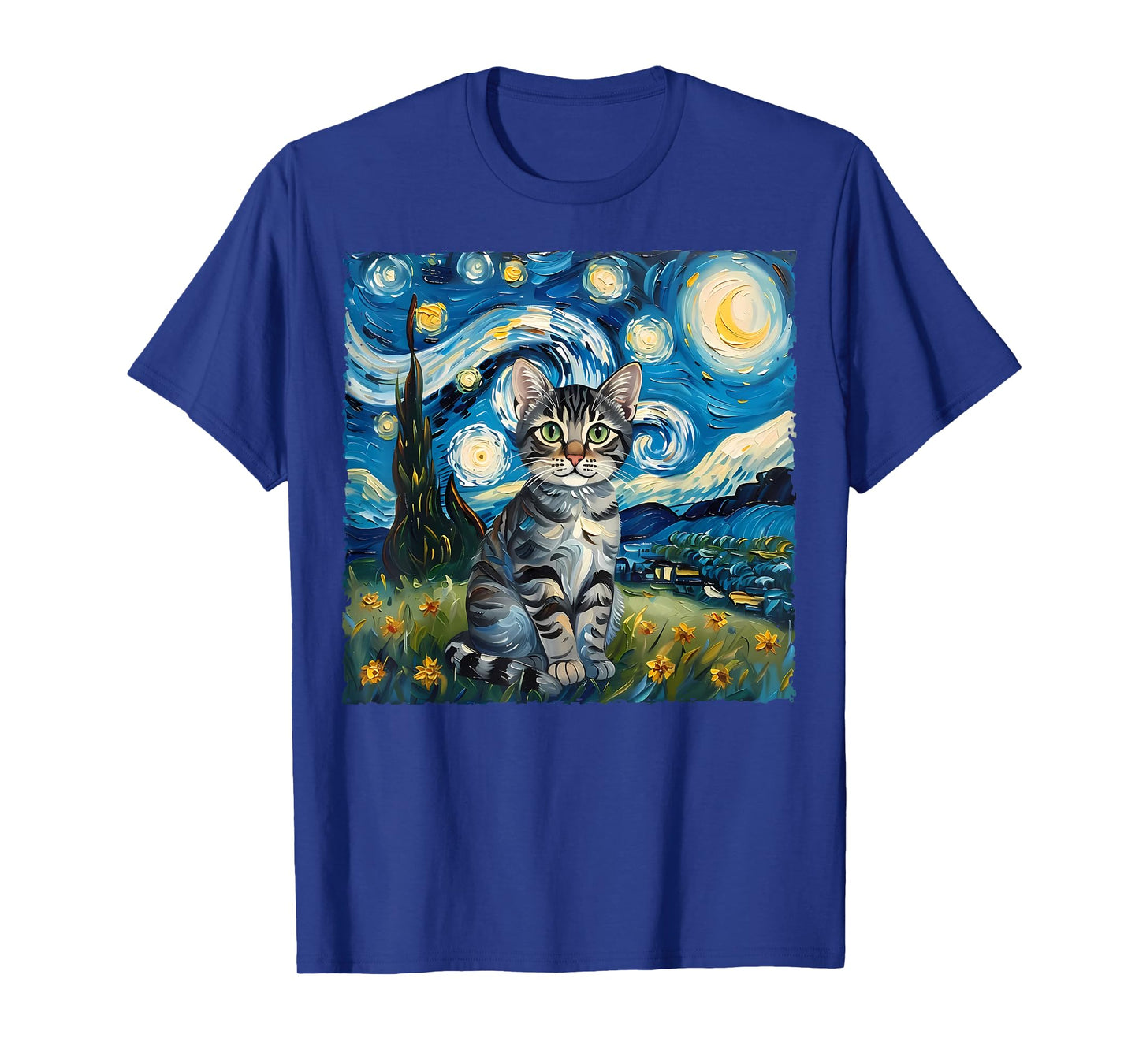Van Gogh Style Funny Gray Tabby Tiger Cat Lover Starry Night T-Shirt