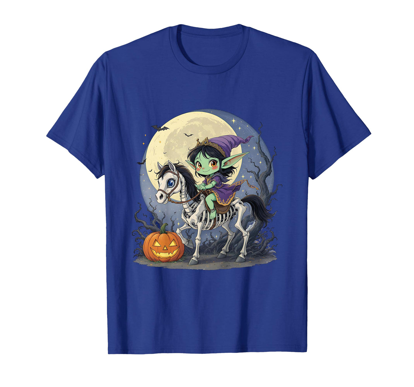 Halloween Girl Dark Elf Goblin Troll Riding Horse Skeleton T-Shirt