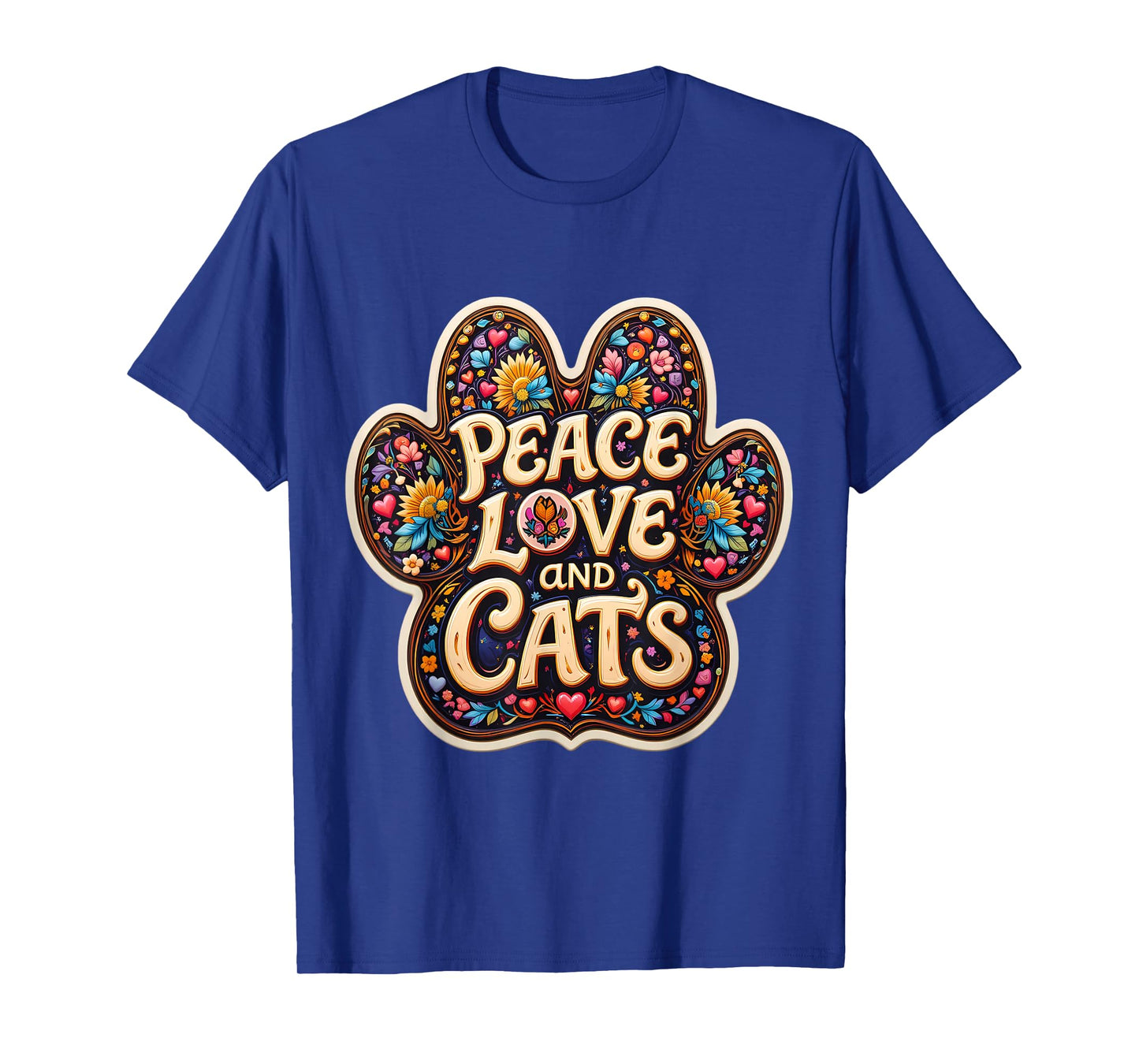 Peace Love And Cats Lover Owner Paw Vintage Hippy Floral Sun T-Shirt