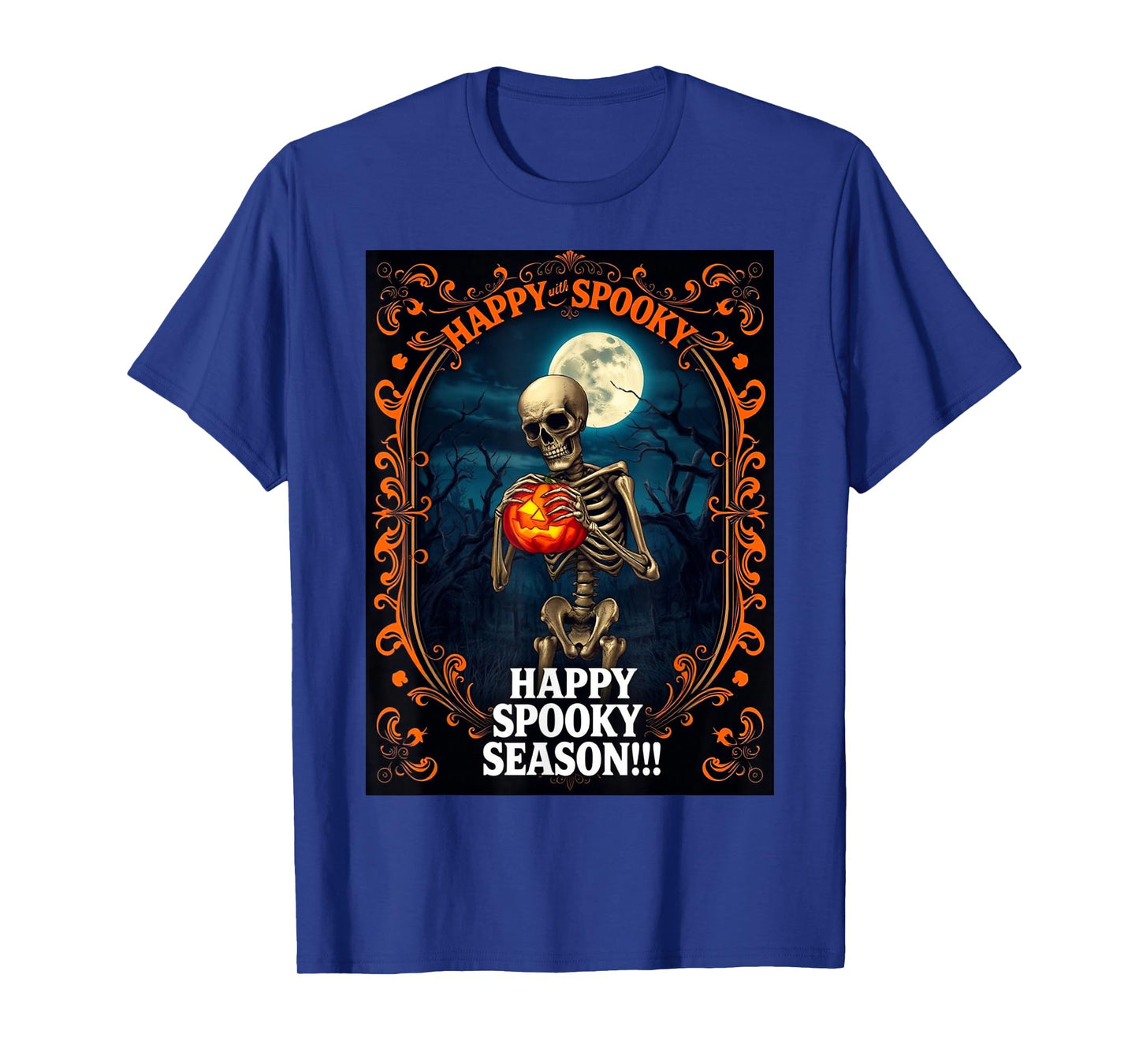 Skeleton Holding Pumpkin Lantern with Full Moon and Spooky F T-Shirt