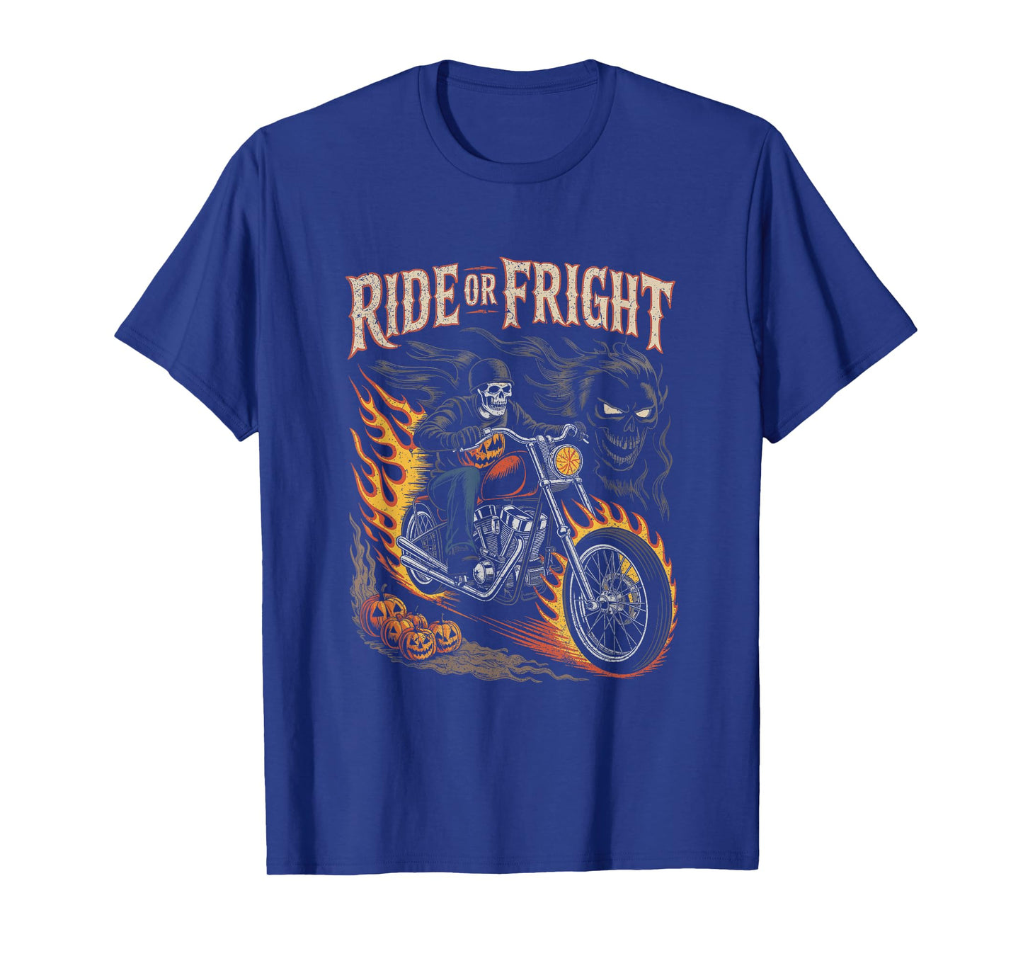 Ride or Fright Skeleton Flames Jack-O-Lantern Bike Halloween T-Shirt