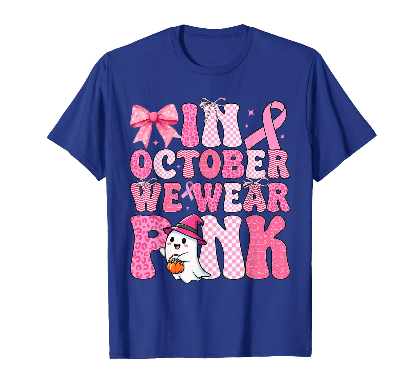 in October We Wear Pink Ghost Witch Breast Cancer Awareness T-Shirt