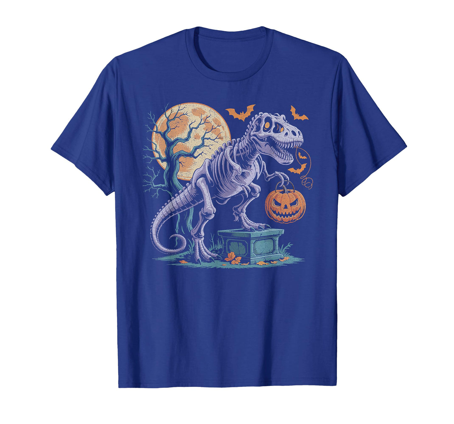 Halloween Dinosaur Skeleton T-rex Pumpkin Moon Boys Girls T-Shirt