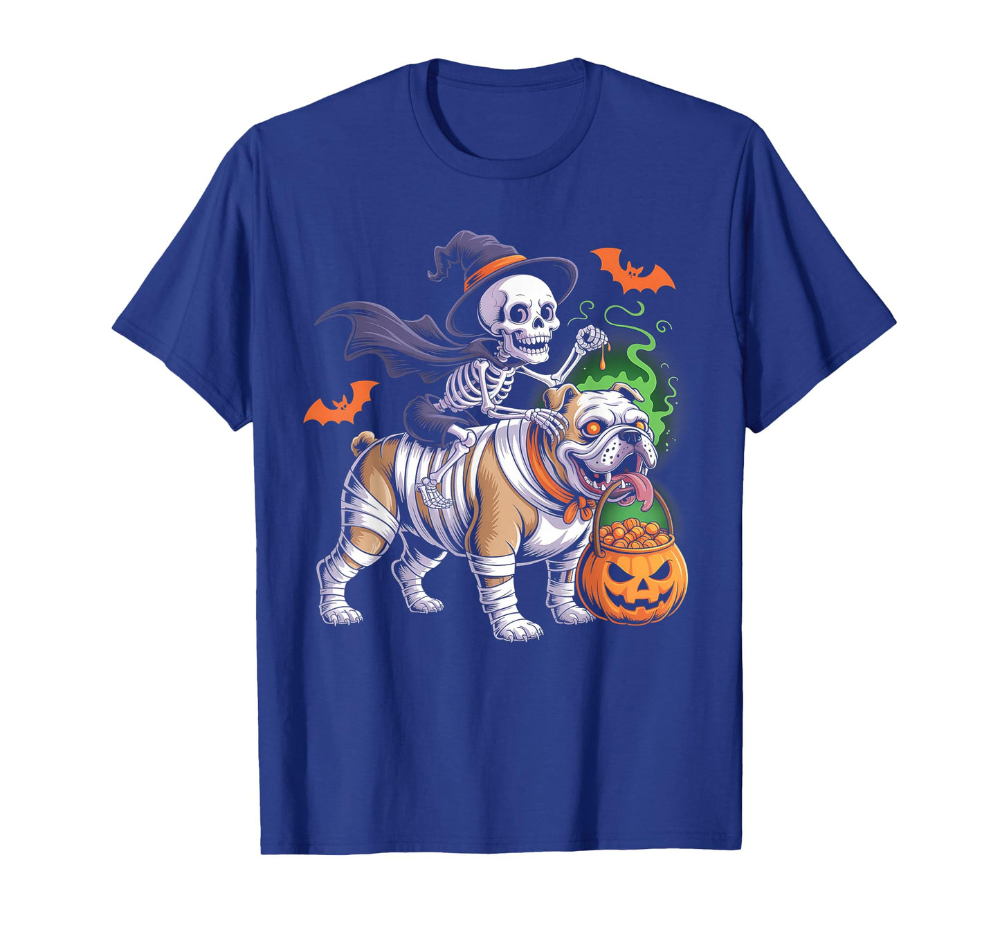 Skeleton Riding Mummy English Bulldog Pumpkin Halloween T-Shirt