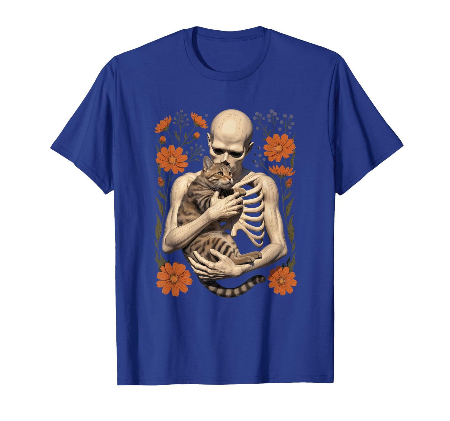 Funny Skeleton Hugging Cat Floral Halloween Cats Lover T-Shirt