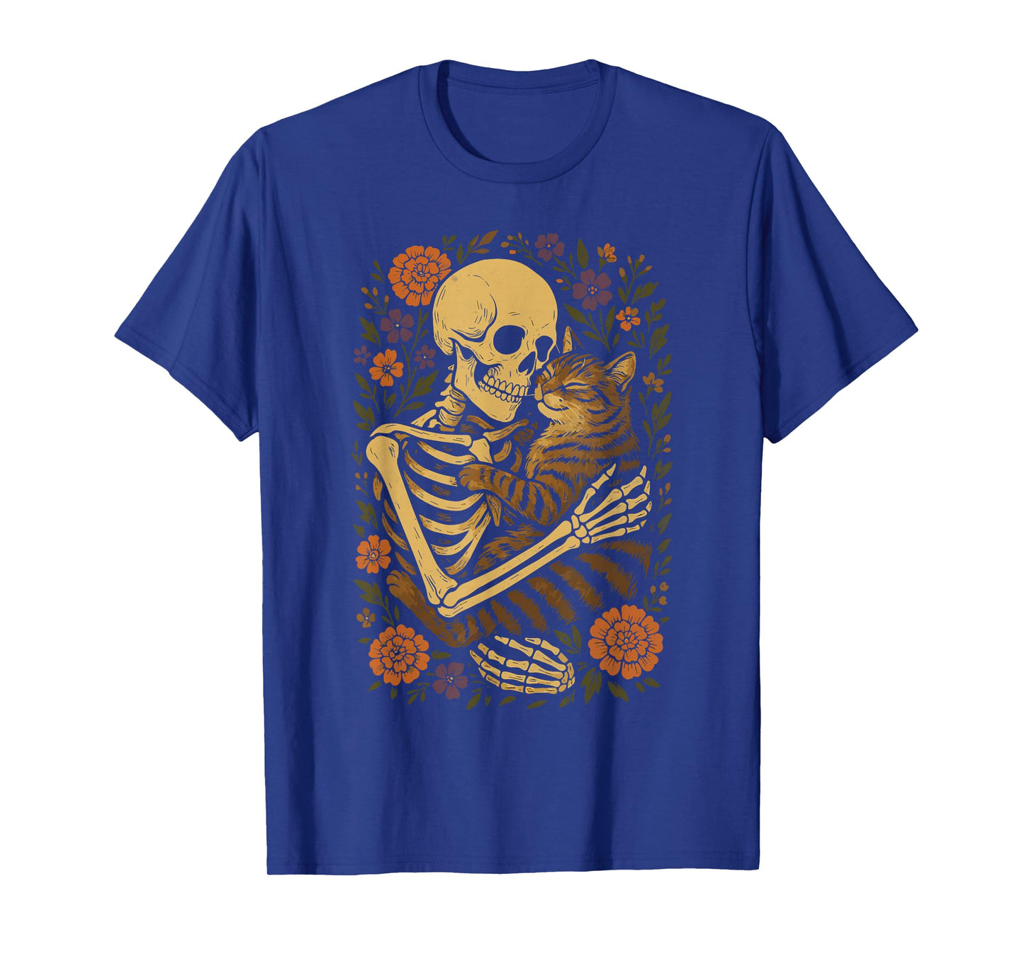 Skeleton Hugging Cat Halloween Gothic Floral Cat Lover T-Shirt