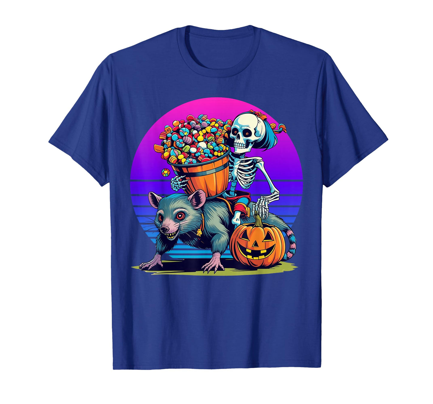 Cute Skeleton Girl Riding Opossum Candy Bucket Halloween T-Shirt