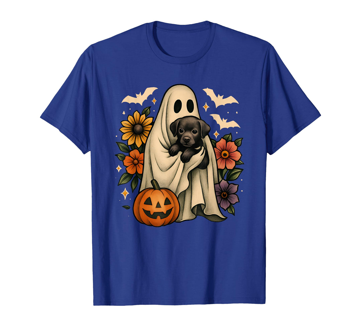 Floral Ghost Black Dog Coquette Funny Halloween Design T-Shirt