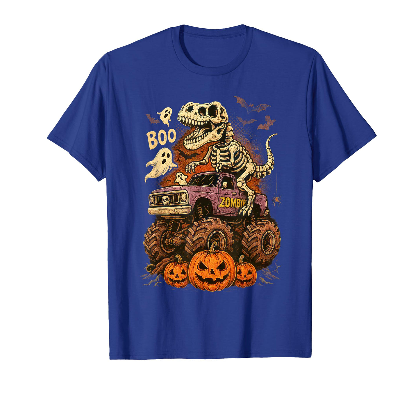 Skeleton Dinosaur T Rex and Monster Truck Pumpkin Halloween T-Shirt