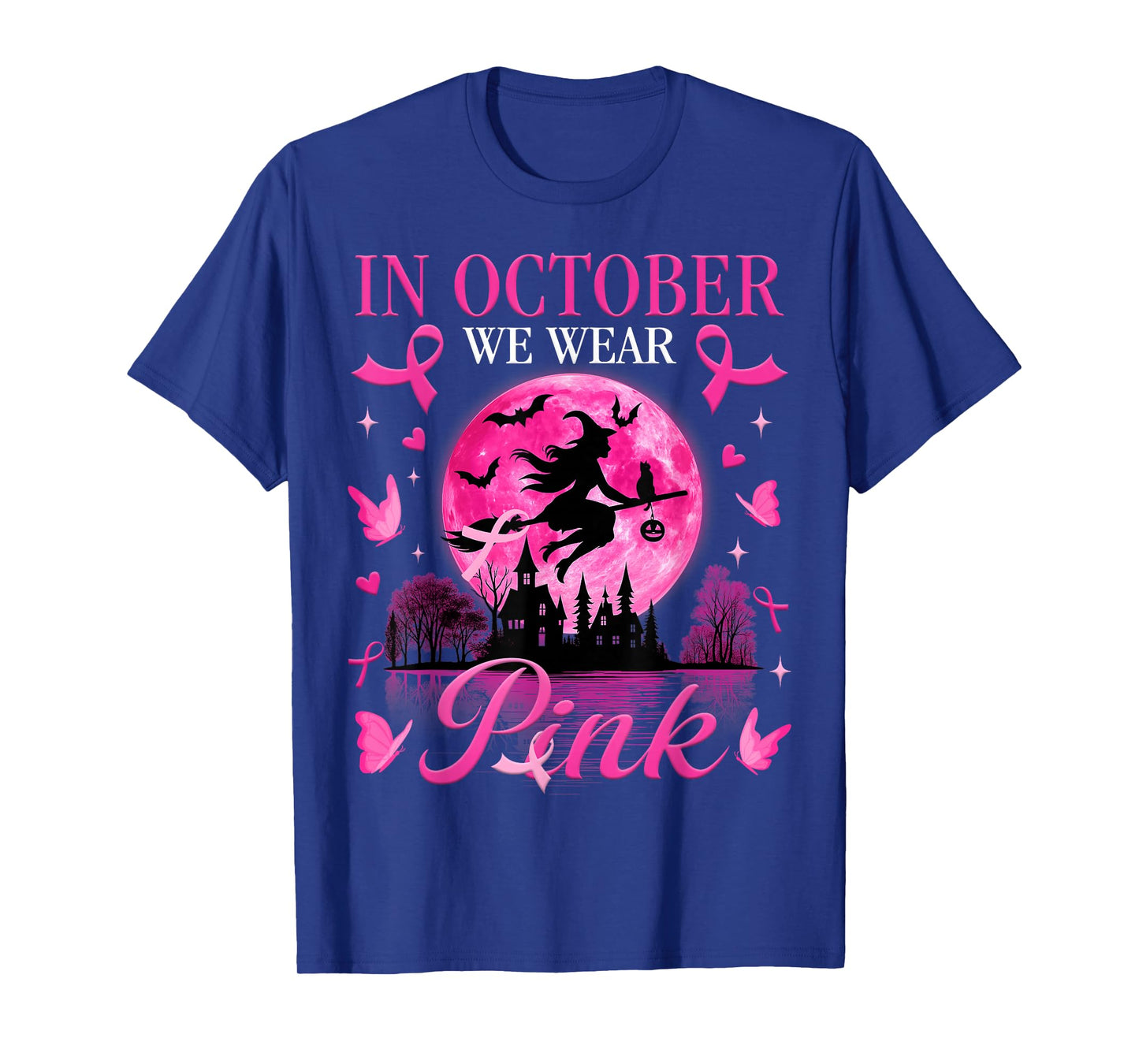 Halloween Witch in October We Wear Pink Ribbon Breast Cancer T-Shirt