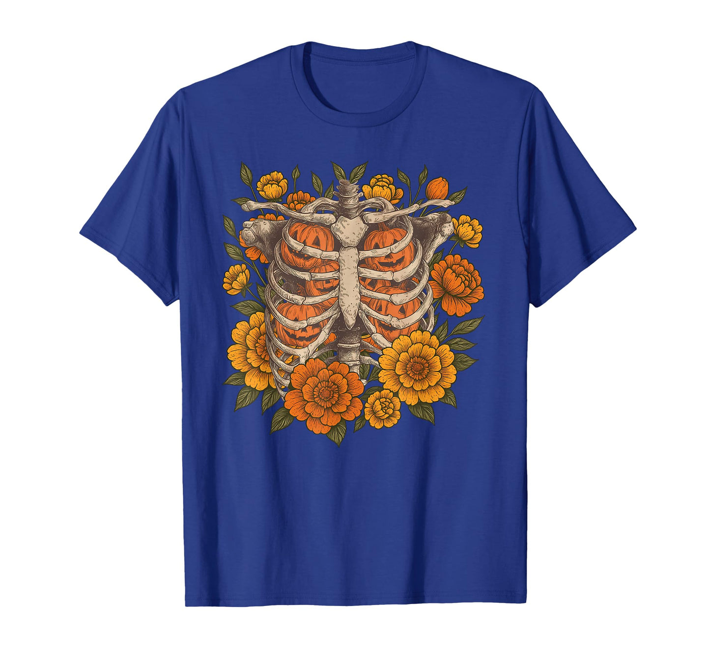 Retro Halloween Ribcage Pumpkins Skeleton Spooky Season T-Shirt