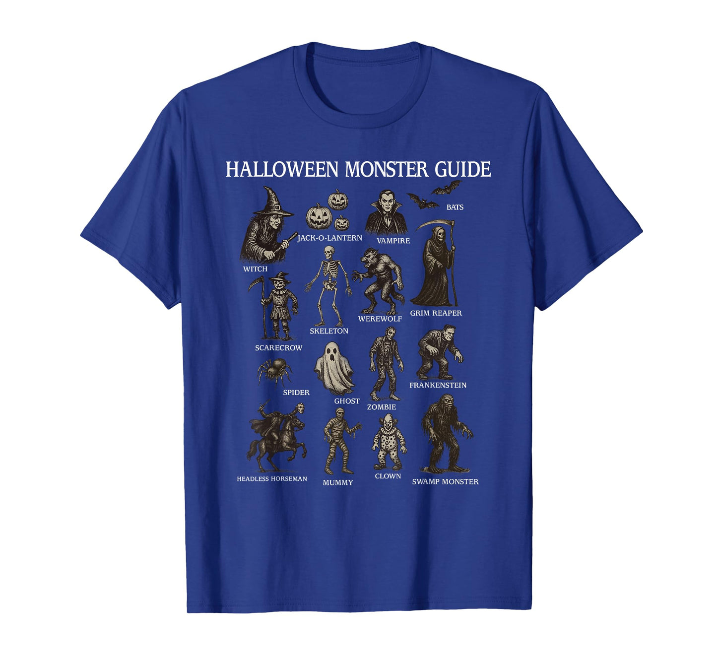 Horror Retro Spooky Halloween Monster Guide Skeleton Vampire T-Shirt