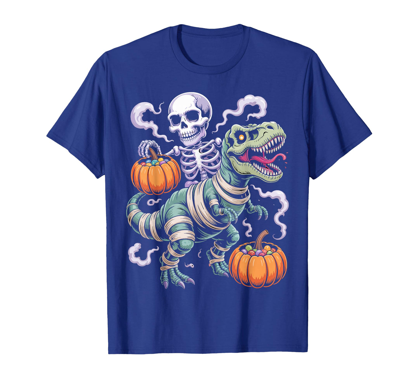 Skeleton Riding Mummy Dinosaur T Rex Funny Halloween T-Shirt