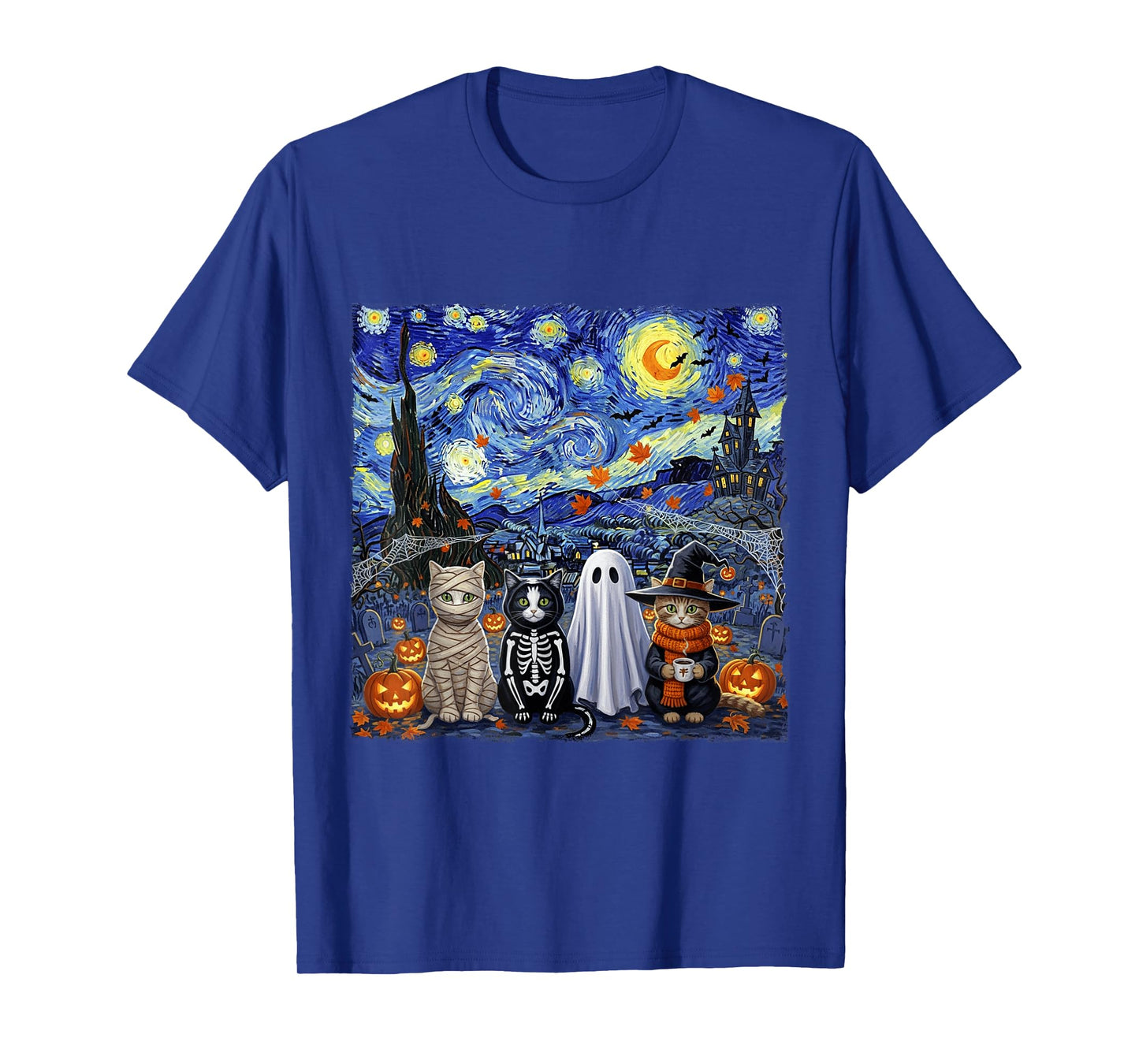 Funny Black Cat Ghost Witch Halloween Costume Starry Night T-Shirt