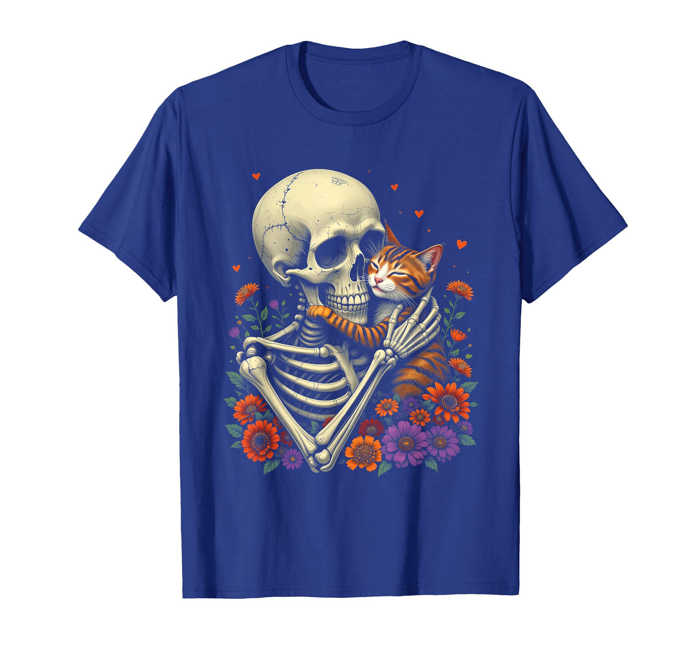 Skeleton Hugging Cat Halloween Floral Cat Lover Cat Mom Dad T-Shirt