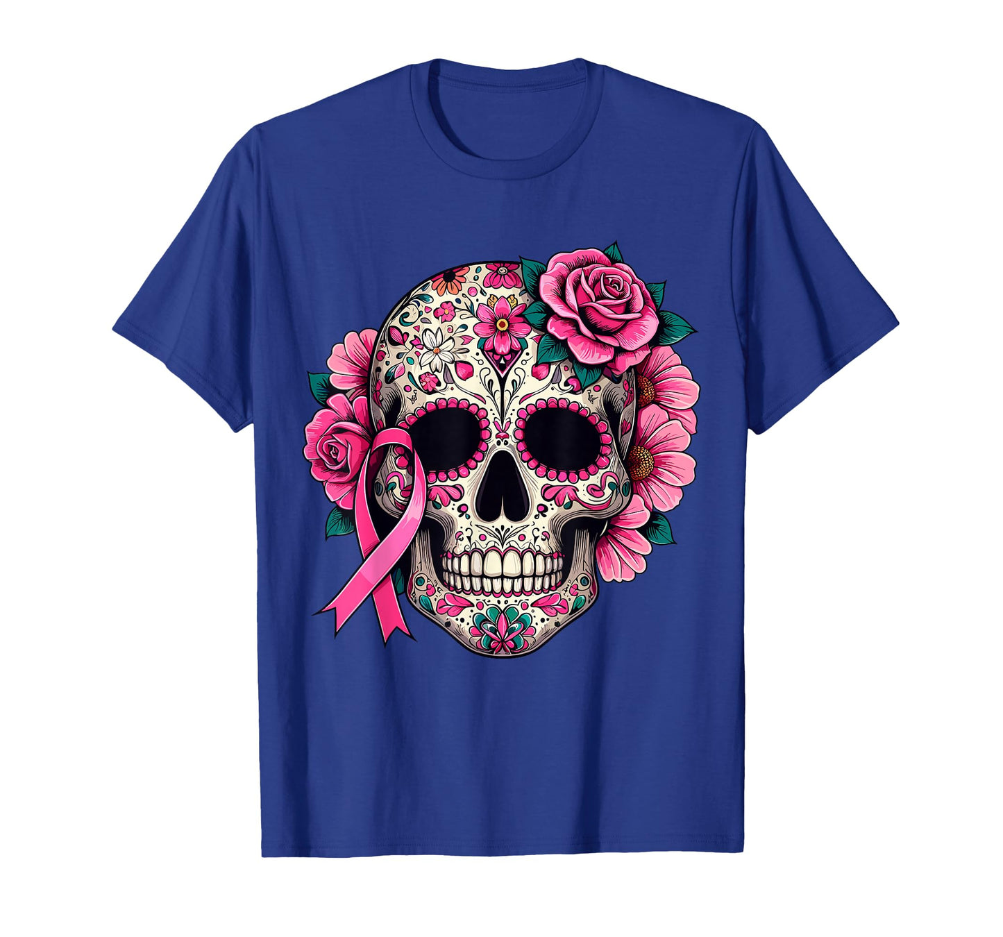 Sugar Skull Pink Ribbon Calavera Breast Cancer Awareness T-Shirt
