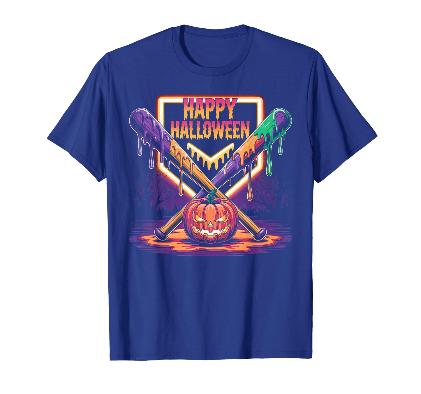 Halloween Pumpkin Baseball Crossed Bats Dripping Horror T-Shirt