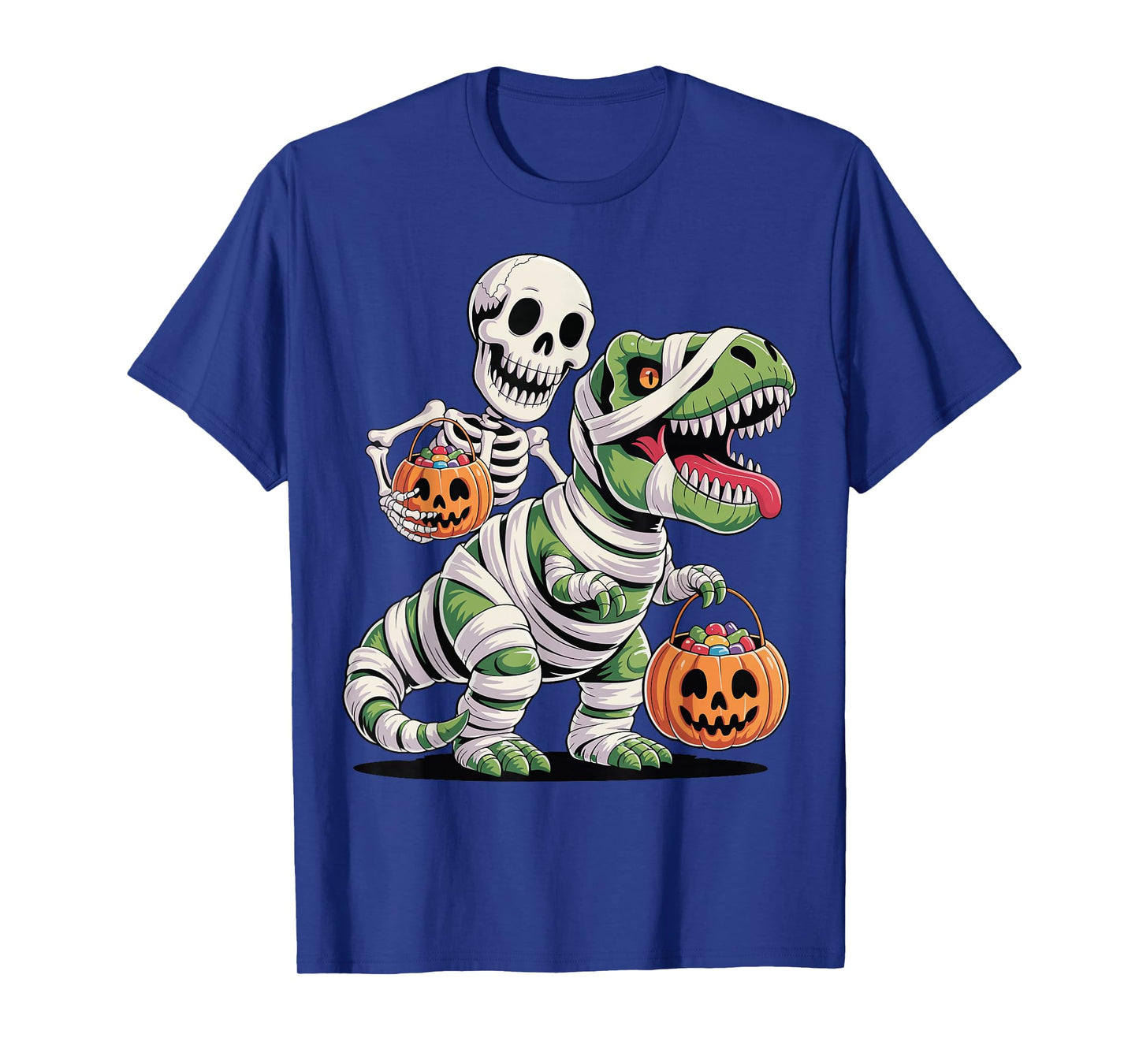 Skeleton Riding Mummy Dinosaur T Rex Funny Halloween T-Shirt