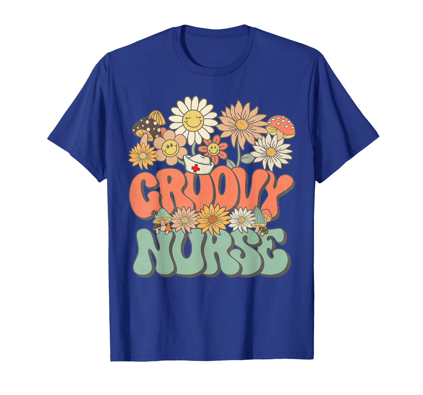 Retro Groovy Nurse Floral Hippie Daisy Flower Matching Nurse T-Shirt
