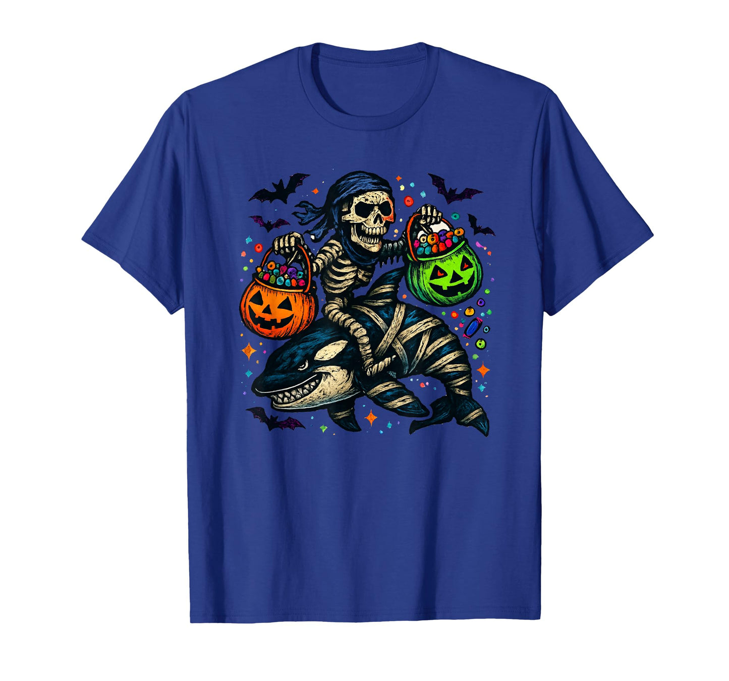Skeleton Riding Mummy Orca Halloween Candy Whale T-Shirt