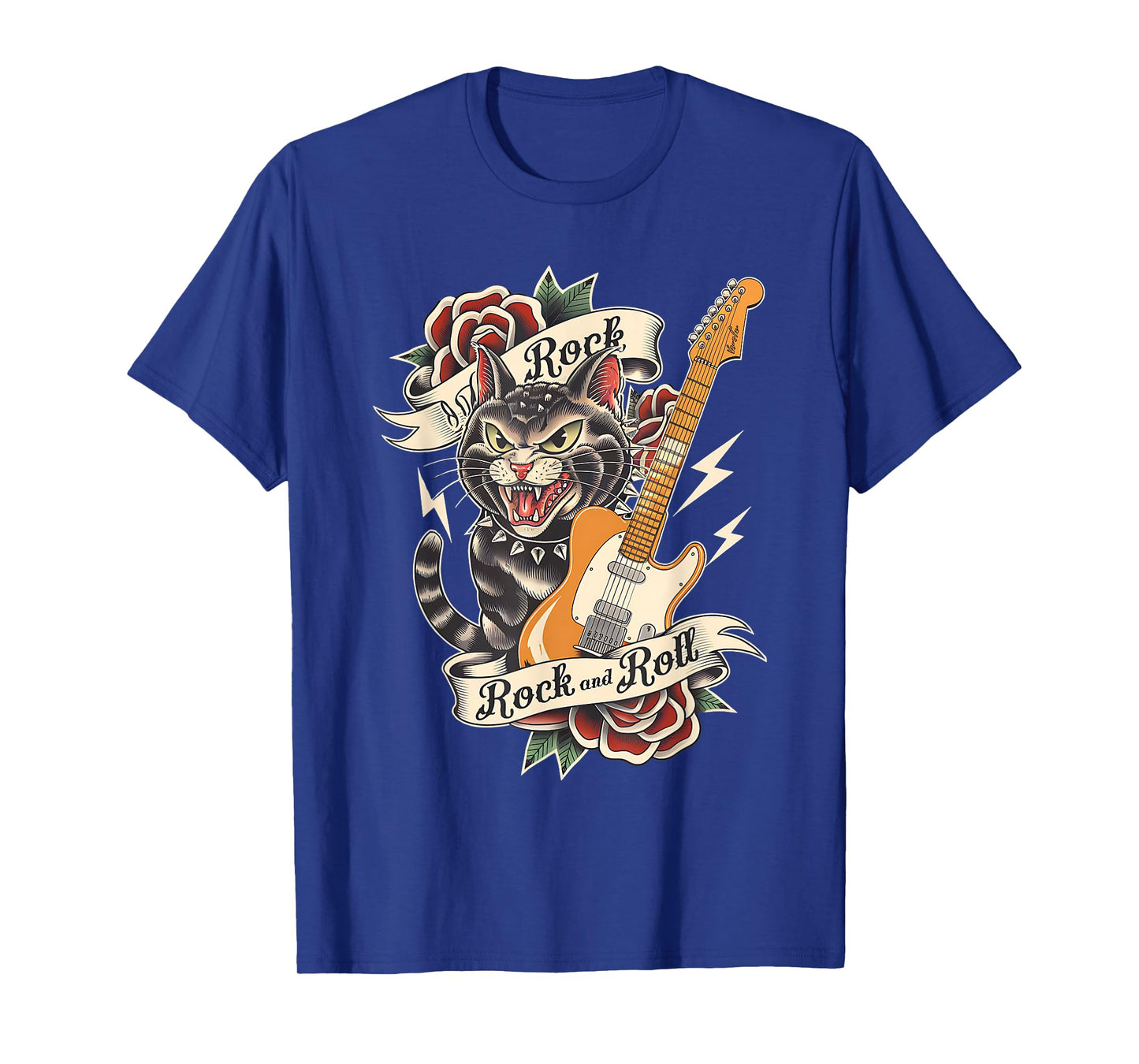Rock and Roll Guitar Vintage Classic Tattoo Style Rock Cat T-Shirt
