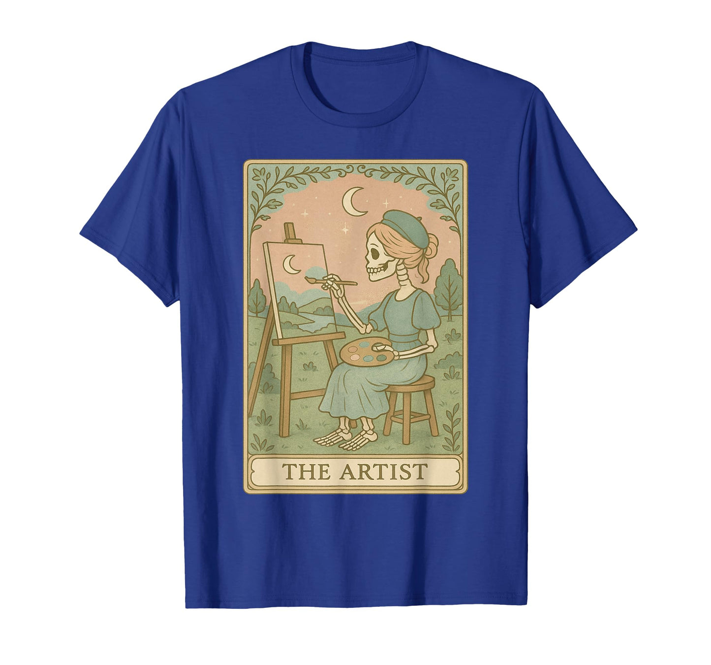 Skeleton Artist Painting Moon Vintage Tarot Style Gift T-Shirt