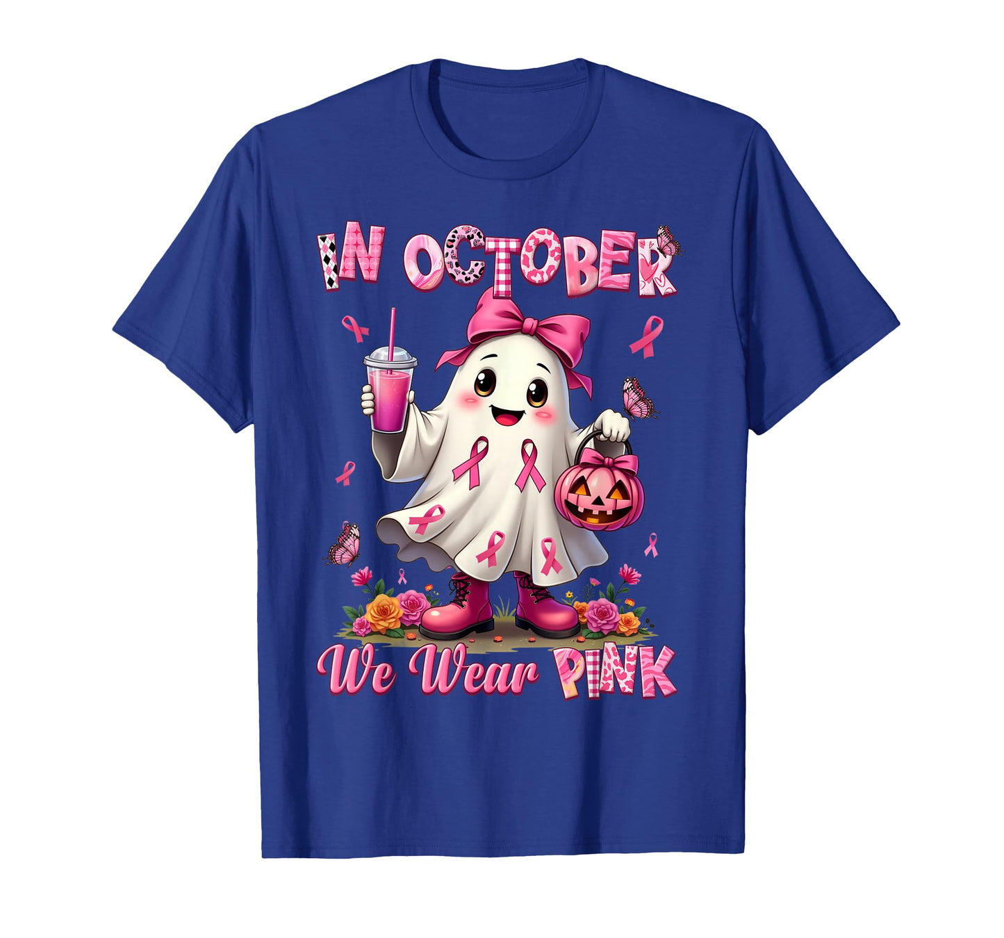 In October We Wear Pink Ghost Breast Cancer Awareness T-Shirt