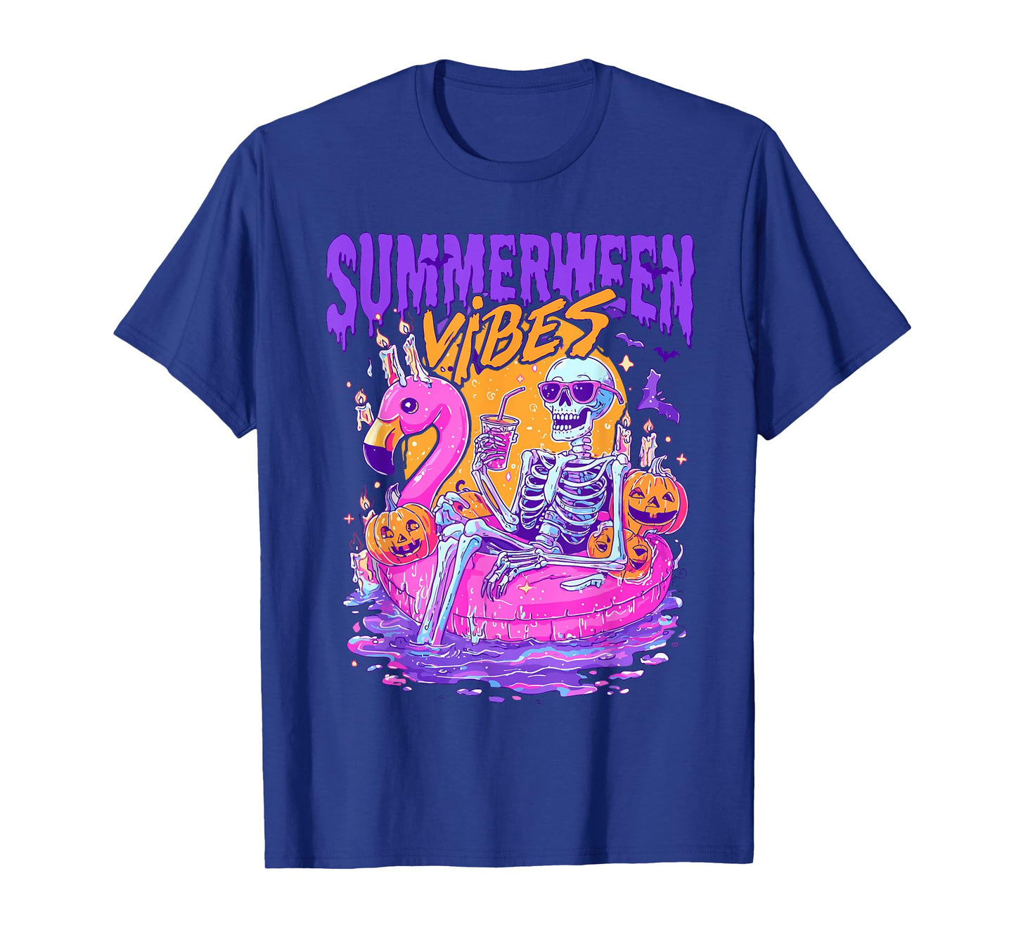 Summerween Vibes Spooky Skeleton Flamingo Pool Halloween T-Shirt