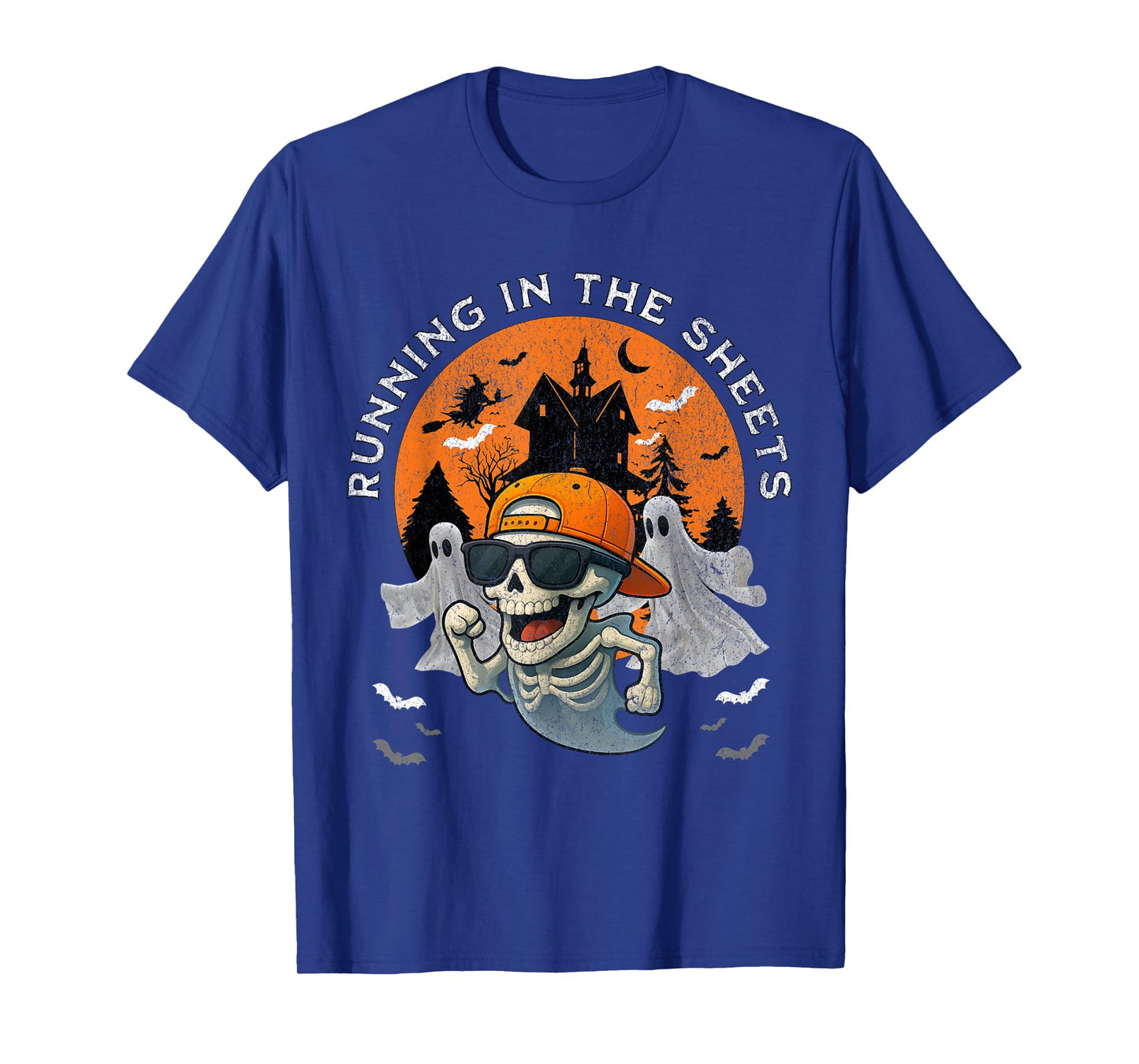 Funny Halloween Running in The Sheets Urban Skeleton Boy T-Shirt