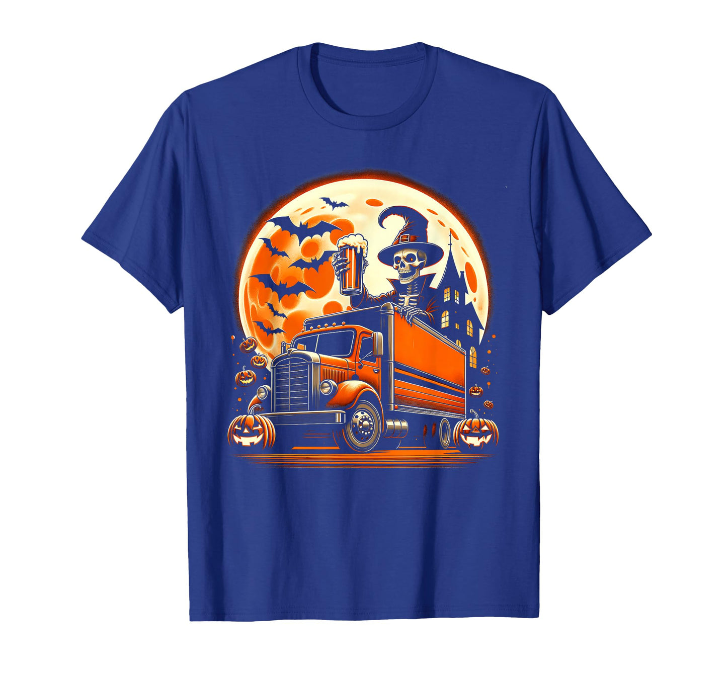 Funny Skeleton Drinking Beer On Truck Pumpkins Halloween T-Shirt