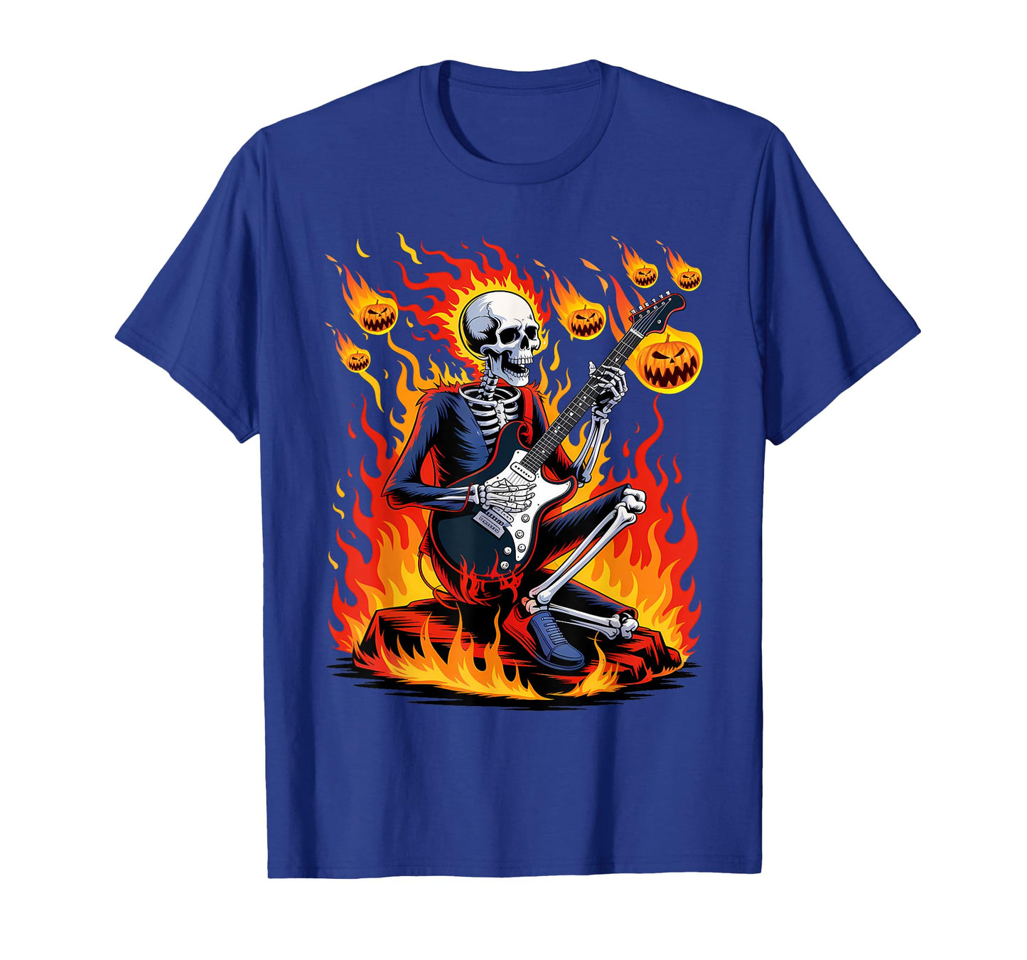 Skeleton with Fire Guitar Spooky Halloween Rock Band Concert T-Shirt