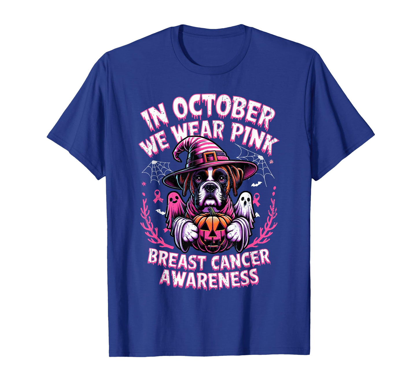 In October We Wear Pink Ghost Boxer Dog Breast Cancer T-Shirt for Men Women Girls Kids