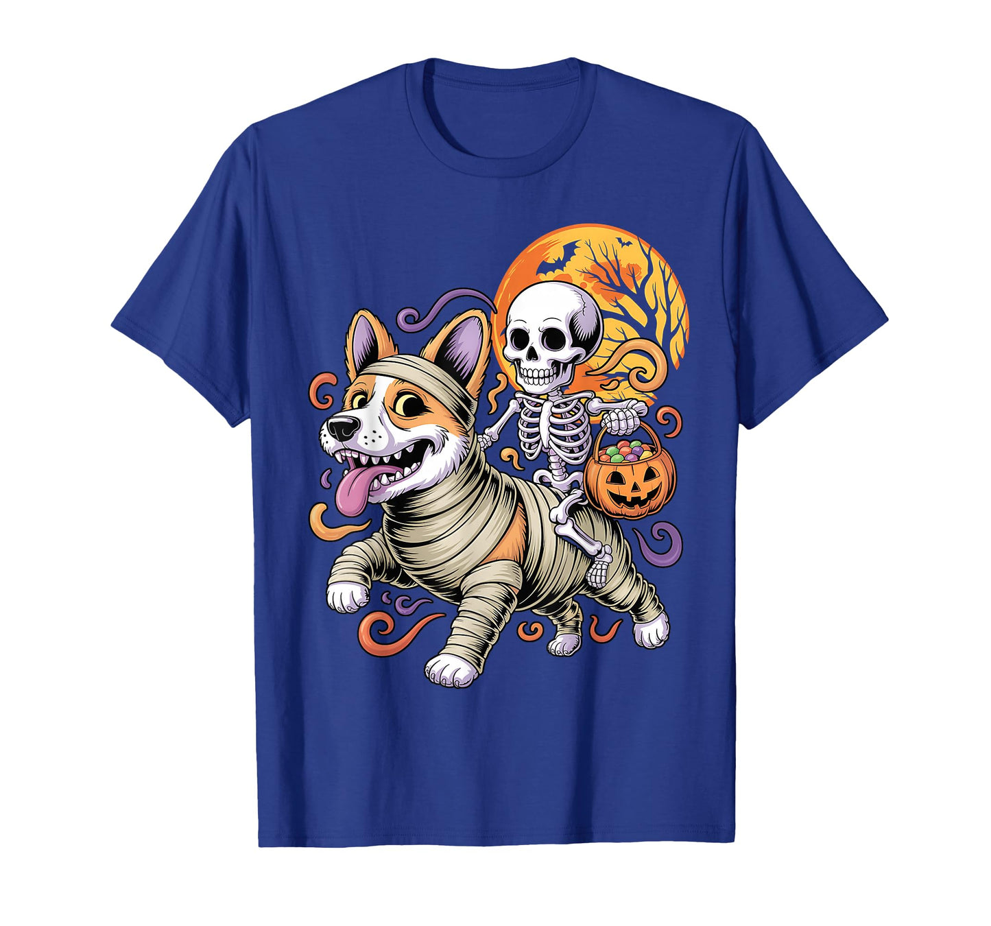 Funny Skeleton Riding Mummy Corgi Dog Halloween T-Shirt