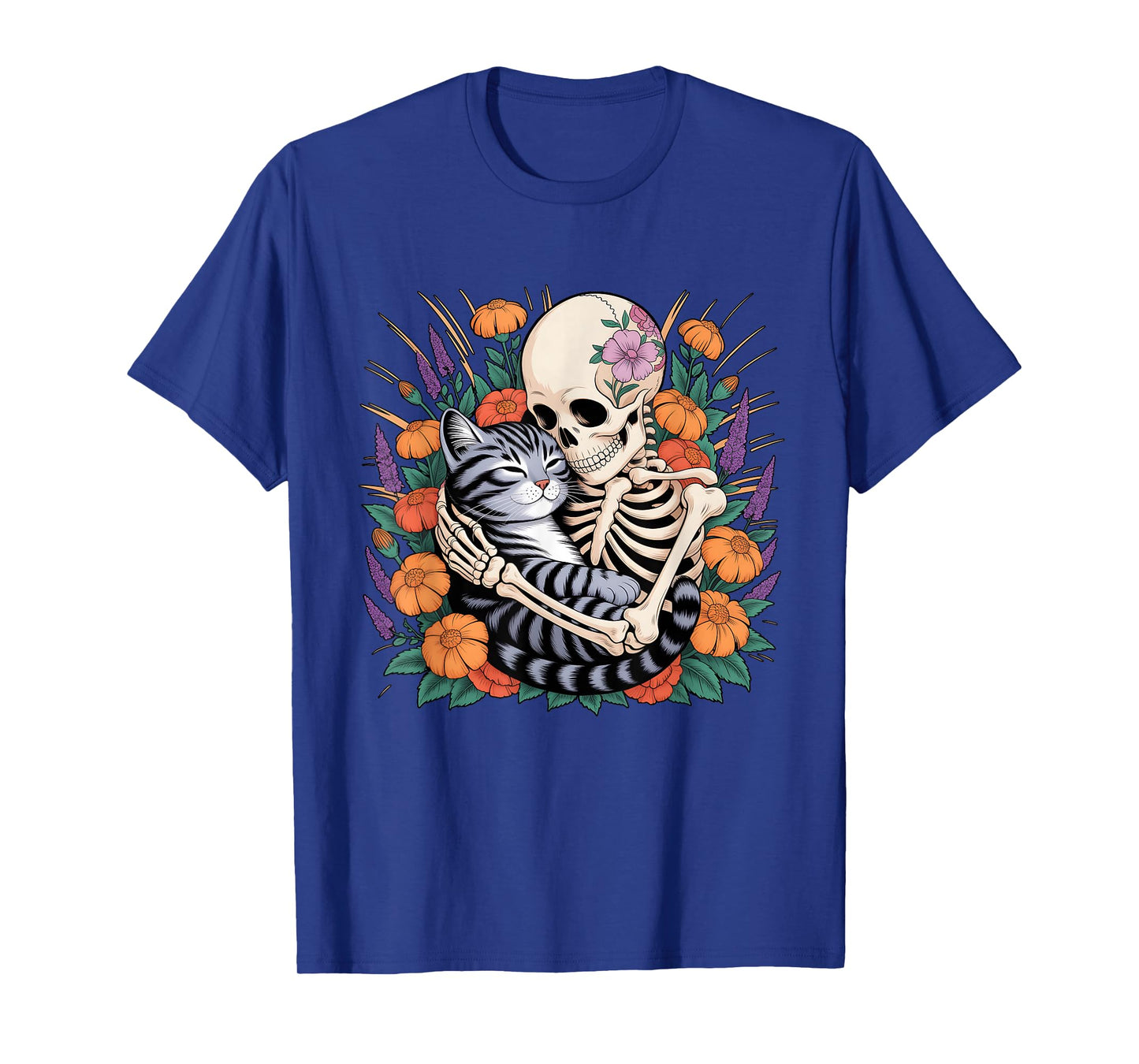 Skeleton Hugging A Cat Surrounded by Flowers Halloween Theme T-Shirt