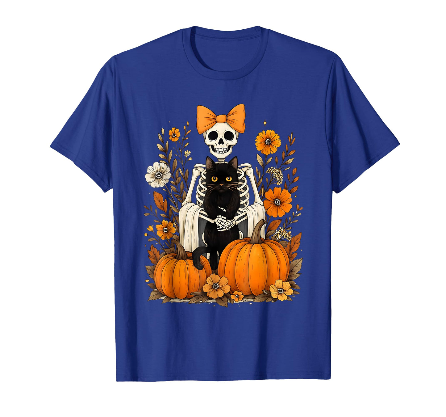 Halloween Skeleton with Black Cat Bow Autumn Pumpkins T-Shirt