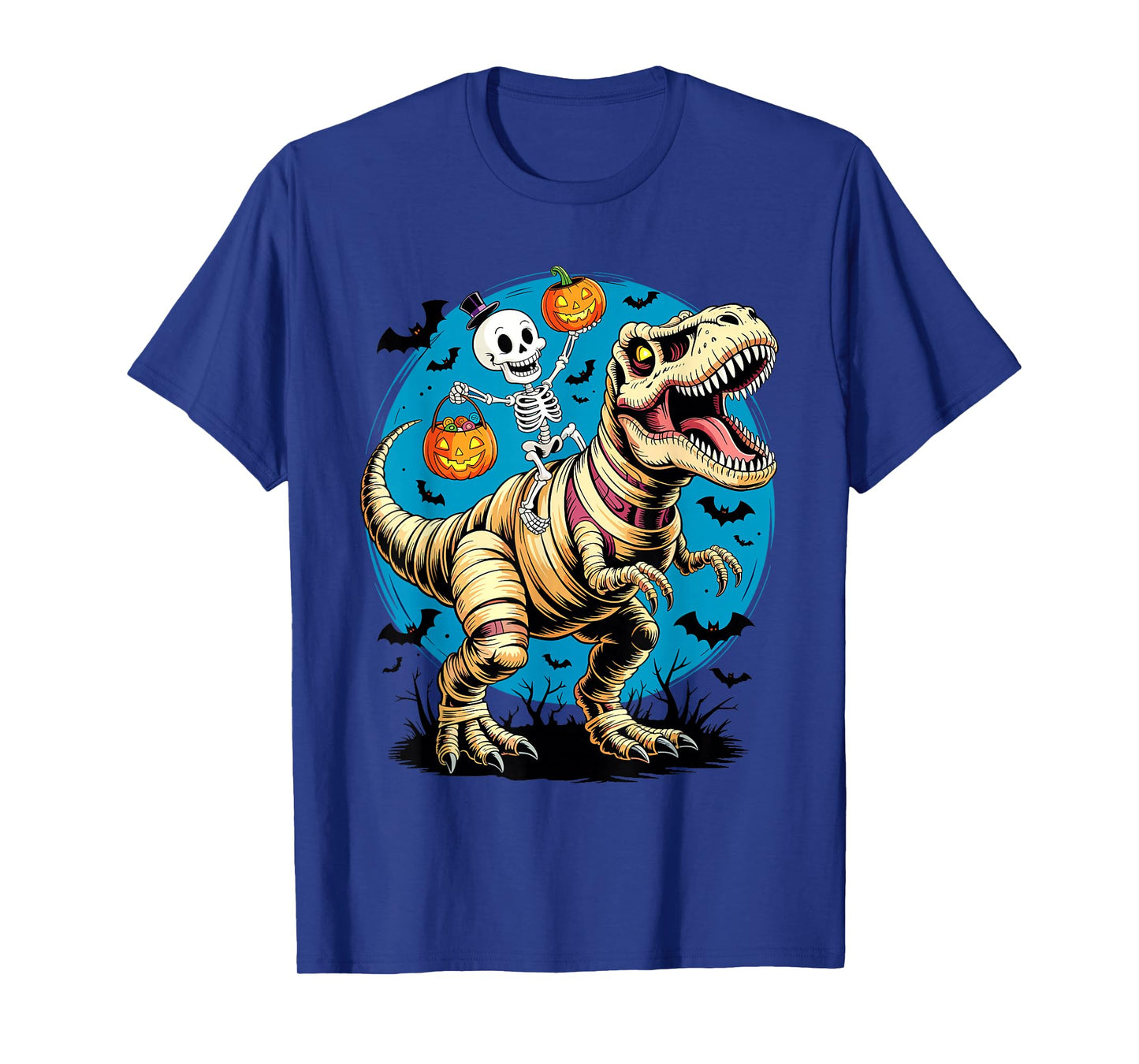 Skeleton Riding Mummy Dinosaur T rex Halloween Funny Pumpkin T-Shirt